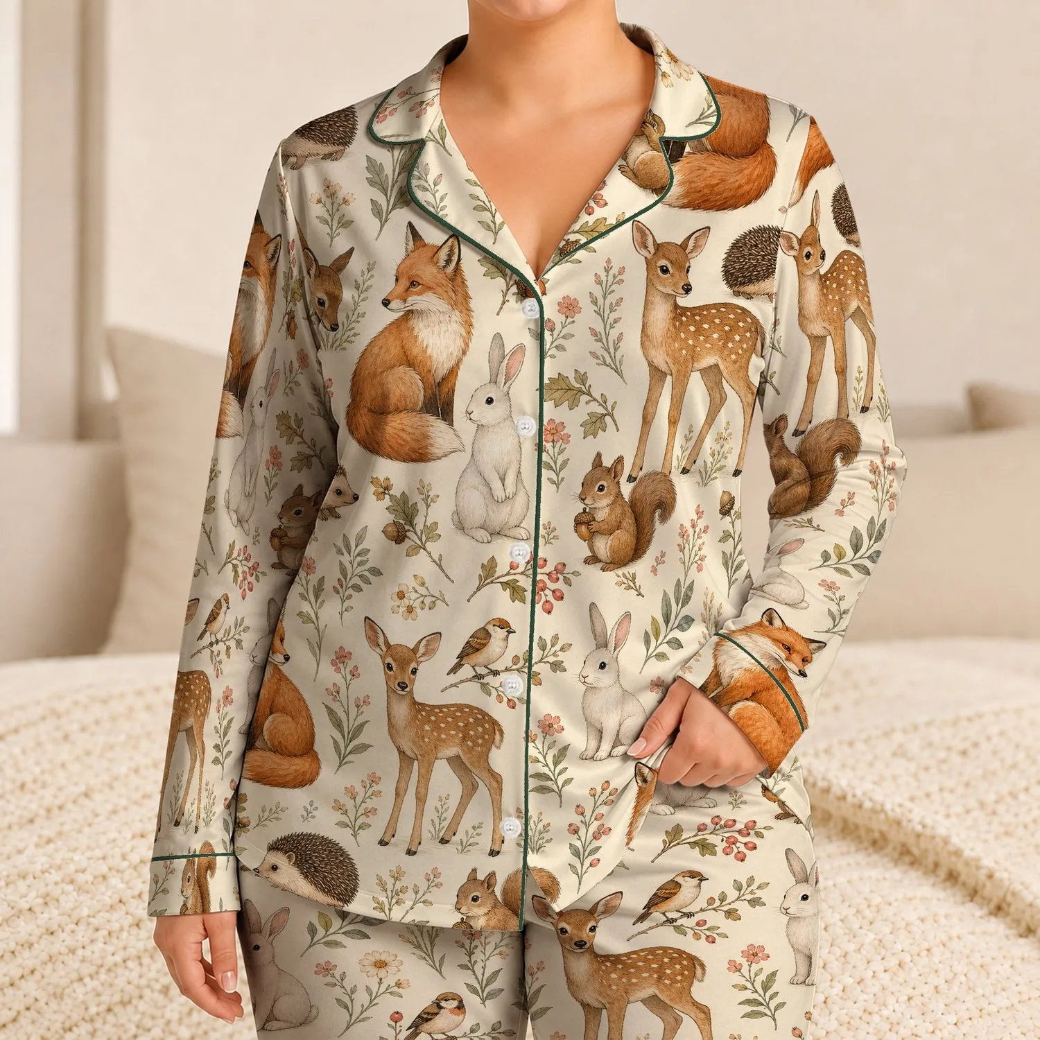 Woodland Fox Rabbit Fawn Animal Garden Scene Cozy Autumn Holiday Gift For Young Girls Satin Pajamas Set - 1