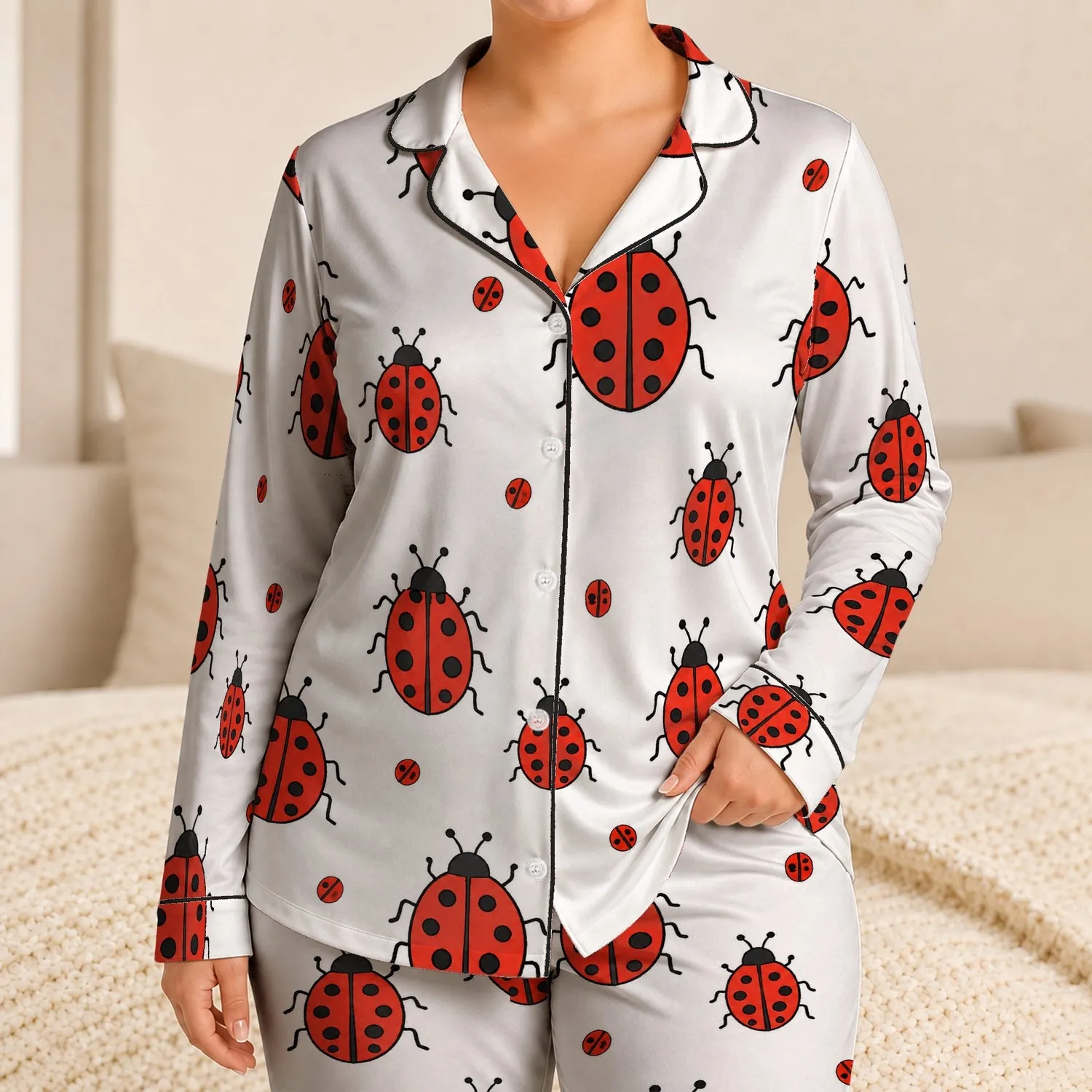 Cheerful Cute Red Ladybug Insects With Black Spots For Summer Bedtime Gift For Girls Satin Pajamas Set - 1