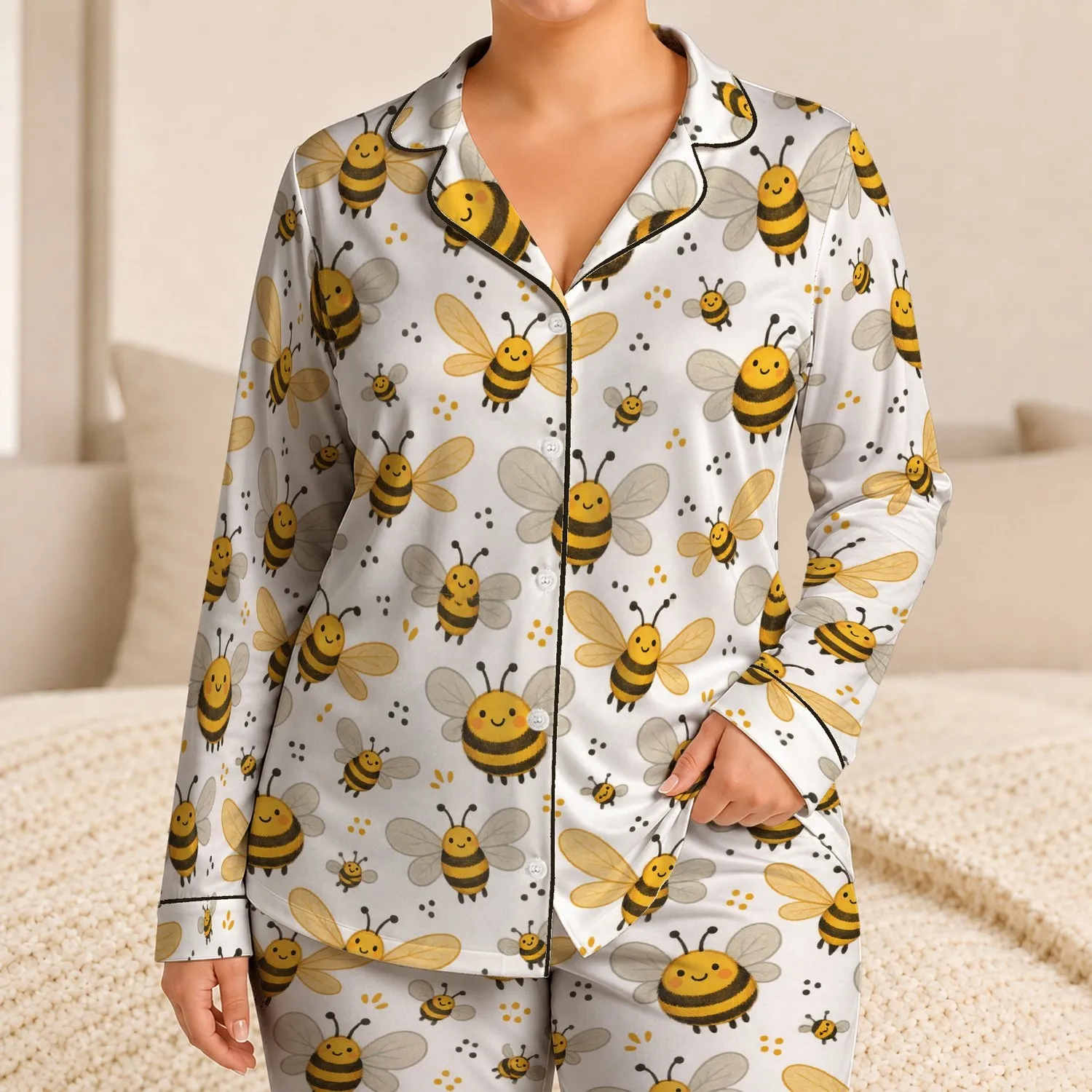 Cute Golden Bee Motifs For Summer Outdoor Adventures, Girls' Honey Lover Gift Idea Satin Pajamas Set - 1