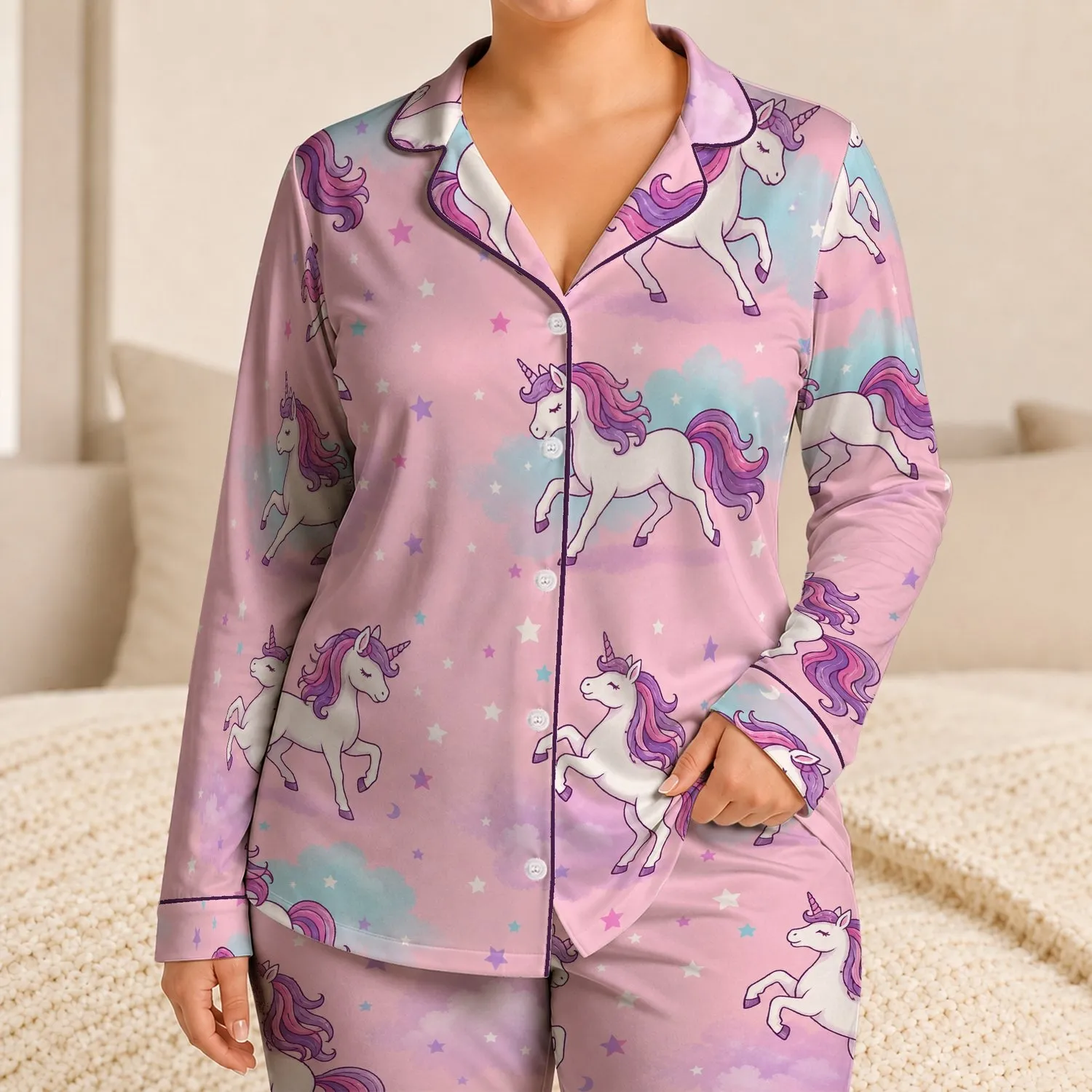 Pastel Unicorns Stars Rainbow Dreamy Gift Idea for Girls Magical Sleepwear Outfit Satin Pajamas Set - 1
