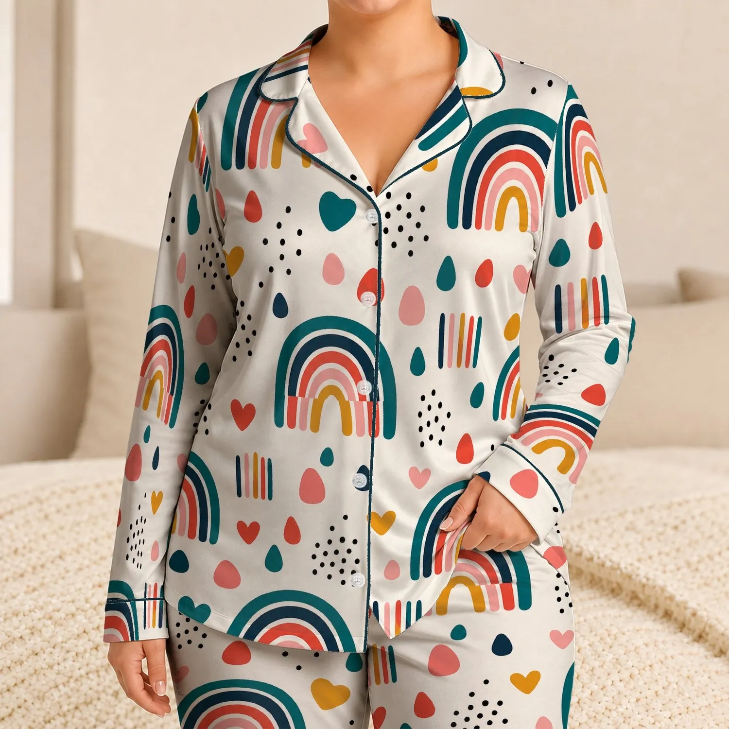 Rainbow Arches Hearts and Raindrops for Cheerful Vacation Lounging Little Girls Gift Satin Pajamas Set - 1