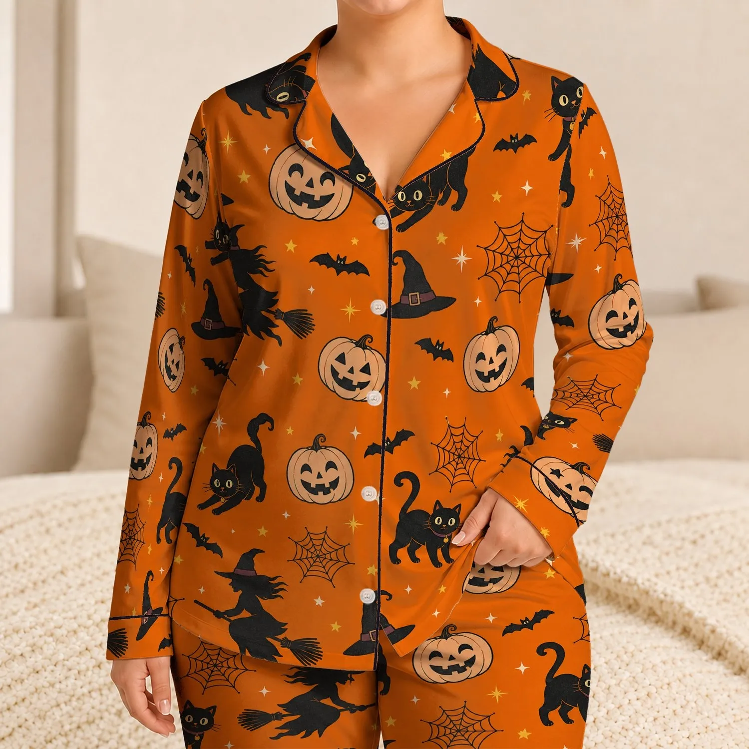 Orange Black Cats Witches Pumpkins Halloween Party Gift for Girls and Teens Satin Pajamas Set - 1