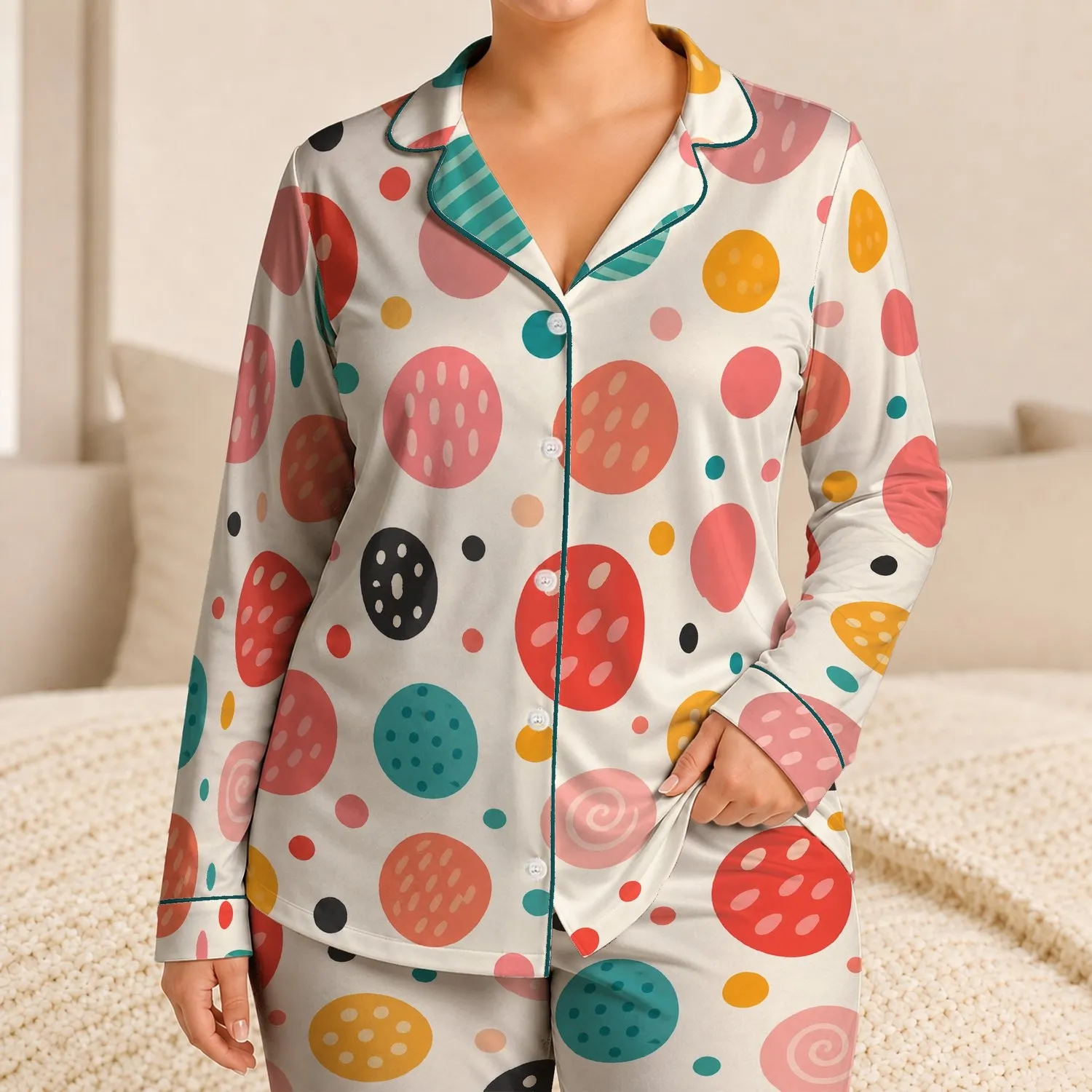 Colorful Polka Dots For Playful Lounging, Sleepovers And Cozy Family Mornings For Girls Satin Pajamas Set - 1