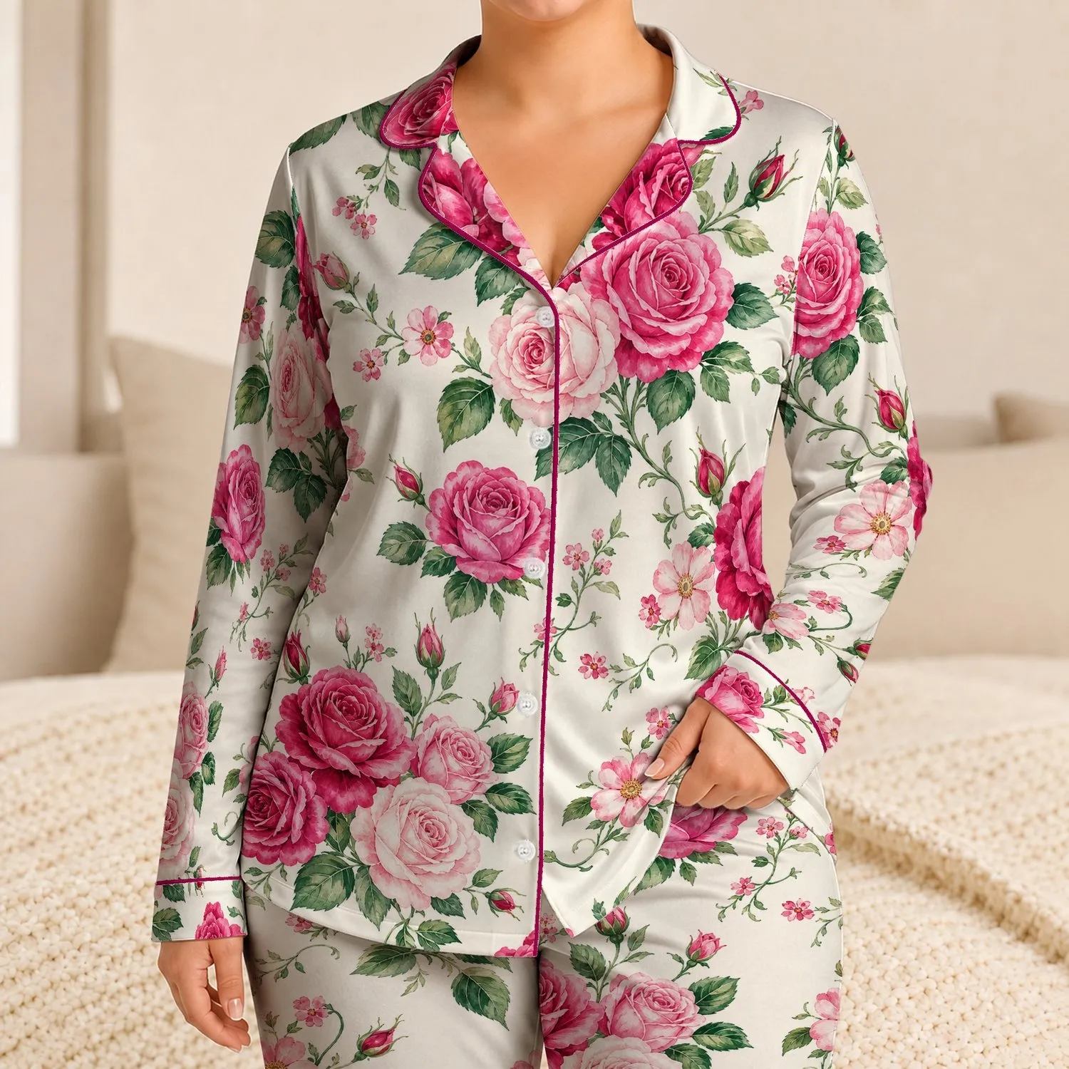 Raspberry Pink Rose Garden Floral Botanical Elegance For Romantic Vacation Lounging Satin Pajamas Set - 1