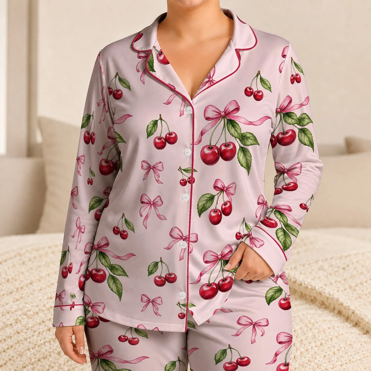 Cherry Bow Motif, Sweet Pink Fruit Outfit For Girls, Spring Days, Parties And Gifts Satin Pajamas Set - 1