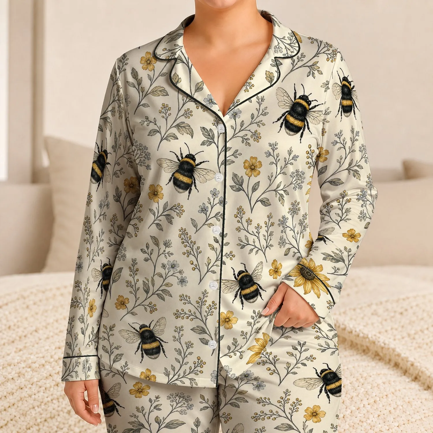 Bumblebee Floral Botanical Motifs for Cozy Home Lounging and Relaxed Women's Evenings Satin Pajamas Set - 1