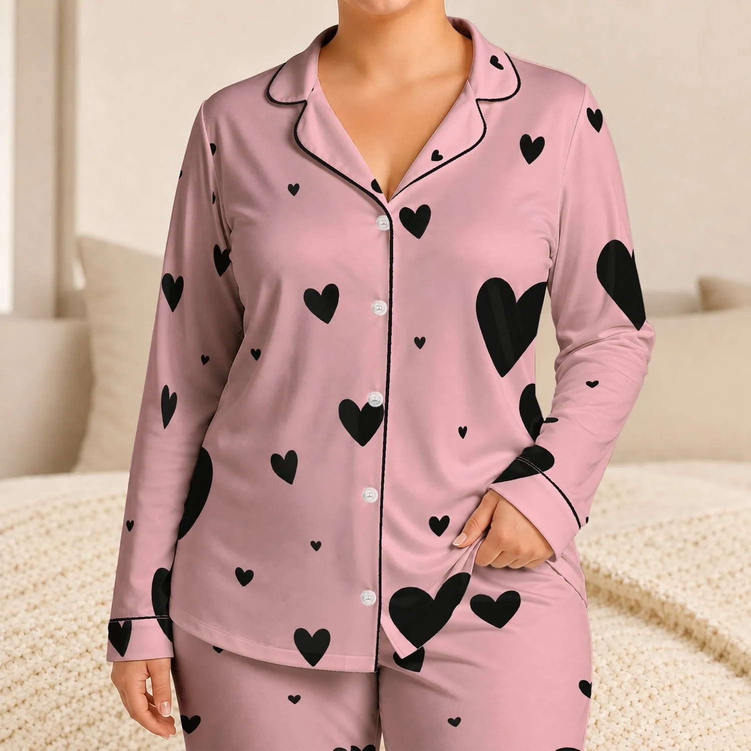Black Heart Blush Pink Style For Cozy Lounging And Sweet Gift Giving For Girls And Kids Satin Pajamas Set - 1