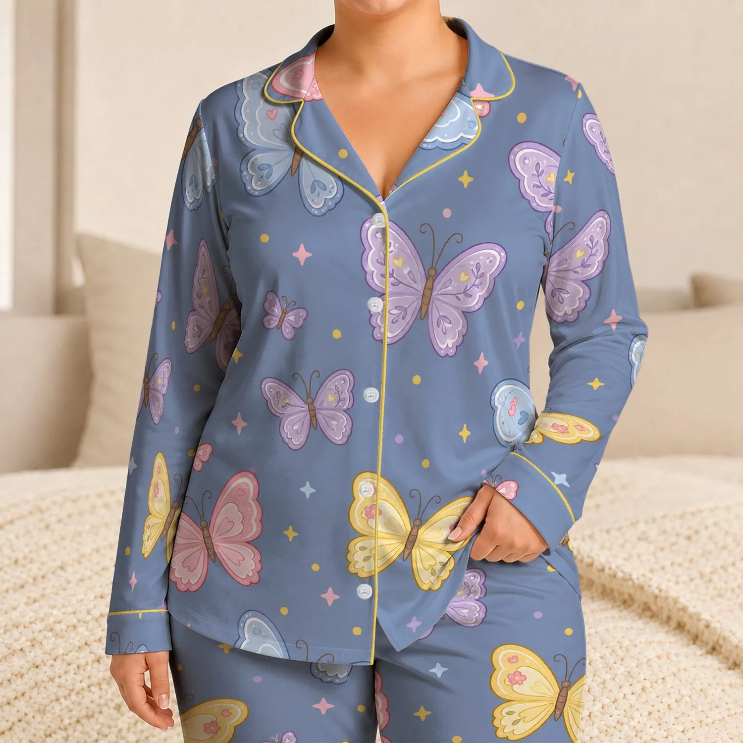 Pastel Butterfly Garden Glow-In-The-Dark Winter Lounge Set For Girls Outdoor Play Satin Pajamas Set - 1