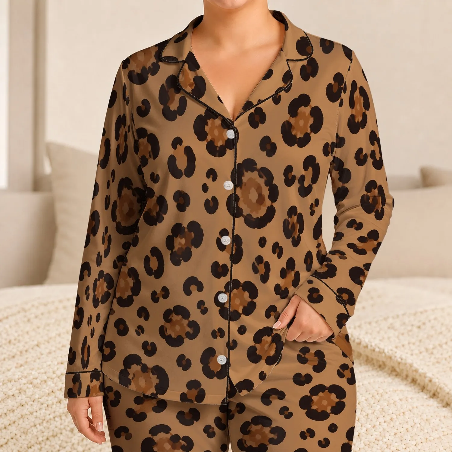 Camel Tan Leopard Rosettes Earthy Animal Motif Cozy Autumn Lounge Gift For Women Satin Pajamas Set - 1