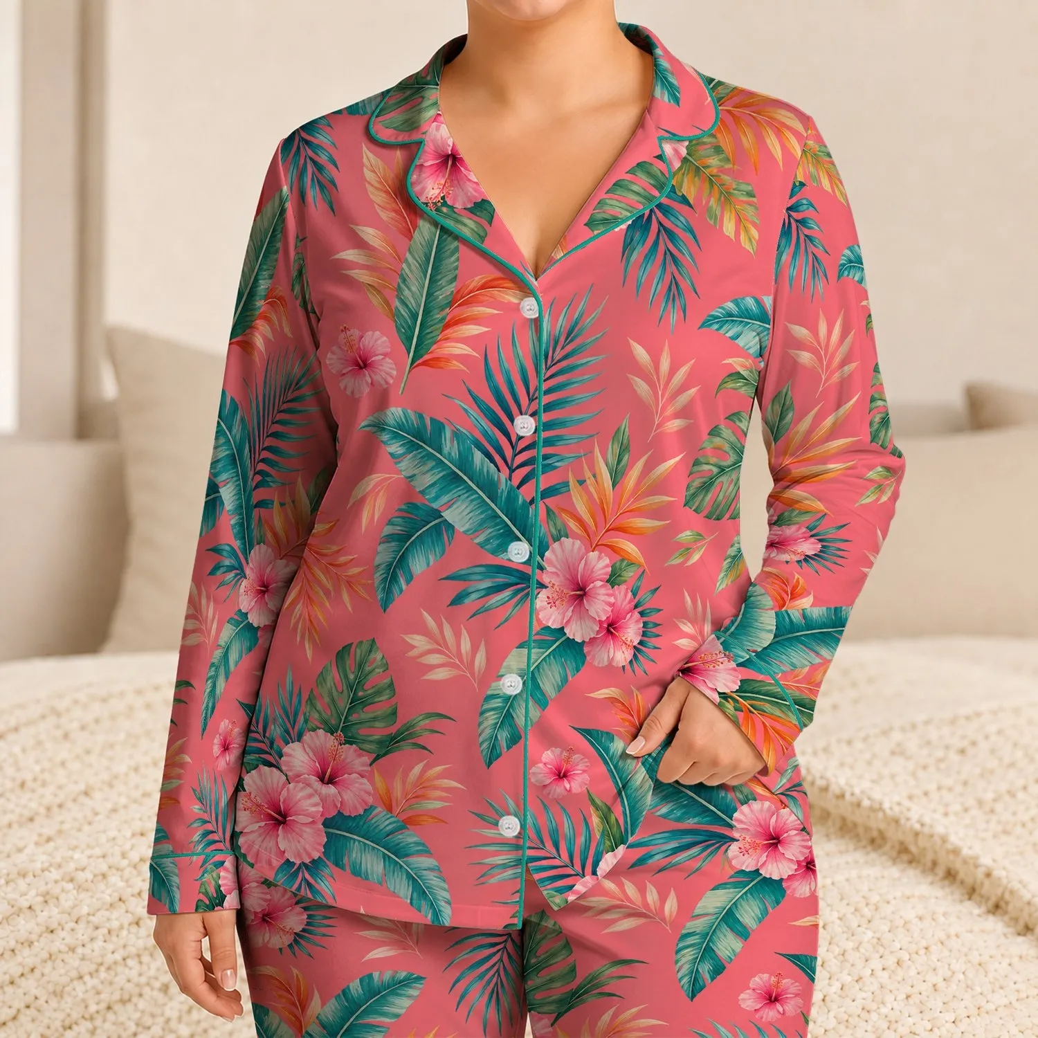 Tropical Palm Hibiscus Leaves in Coral Pink for Resort Travel and Summer Lounging Style Satin Pajamas Set - 1