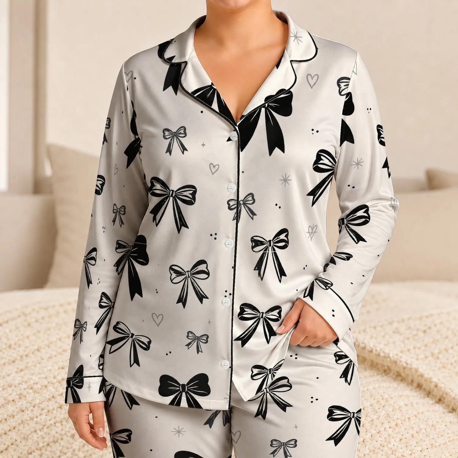 Black Ribbon Bow Motif for Cozy Lounging, Romantic Gifting, Women and Teen Girls Satin Pajamas Set - 1