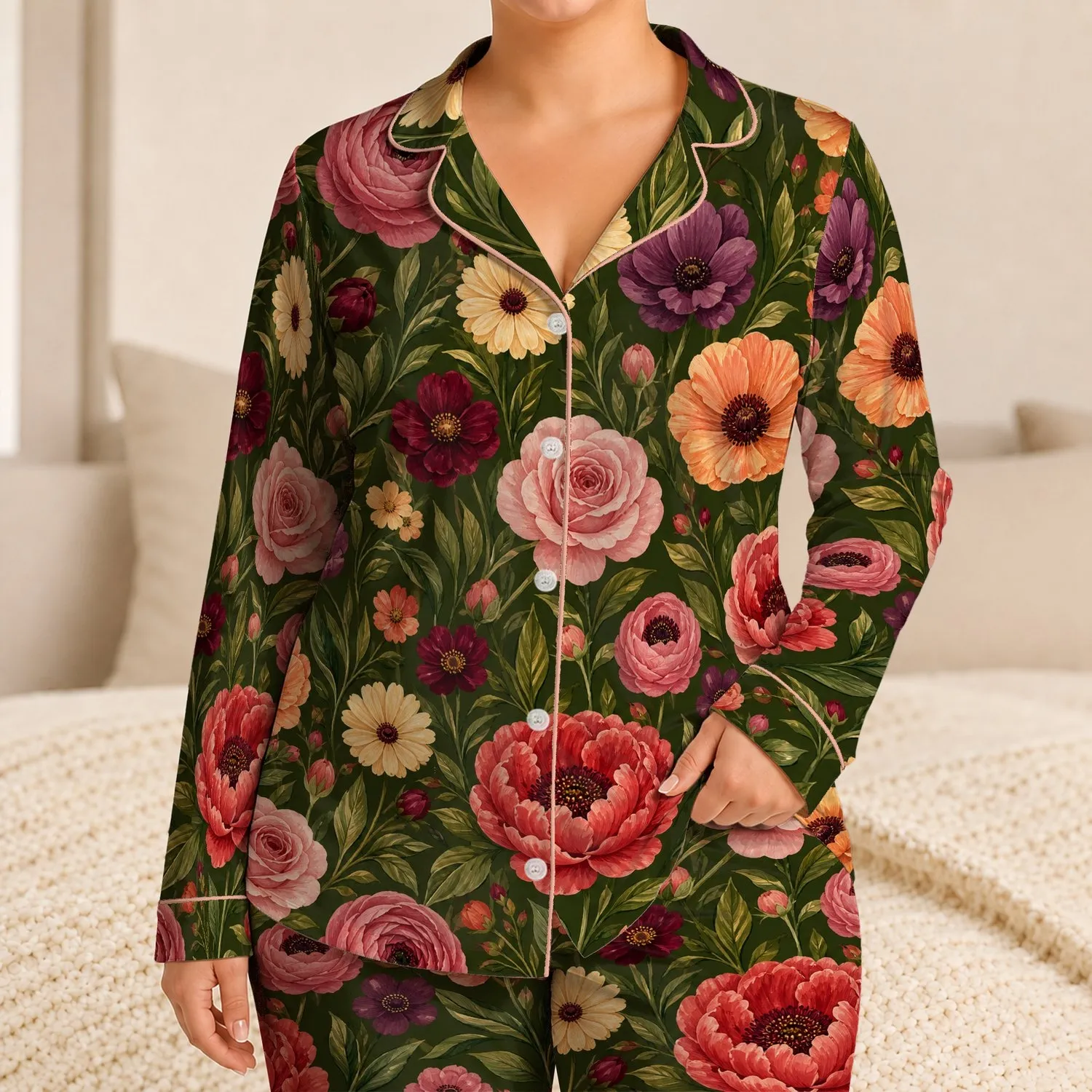 Watercolor Peonies And Roses On Deep Olive Green, Cozy Bedtime Style For Girls And Kids Satin Pajamas Set - 1