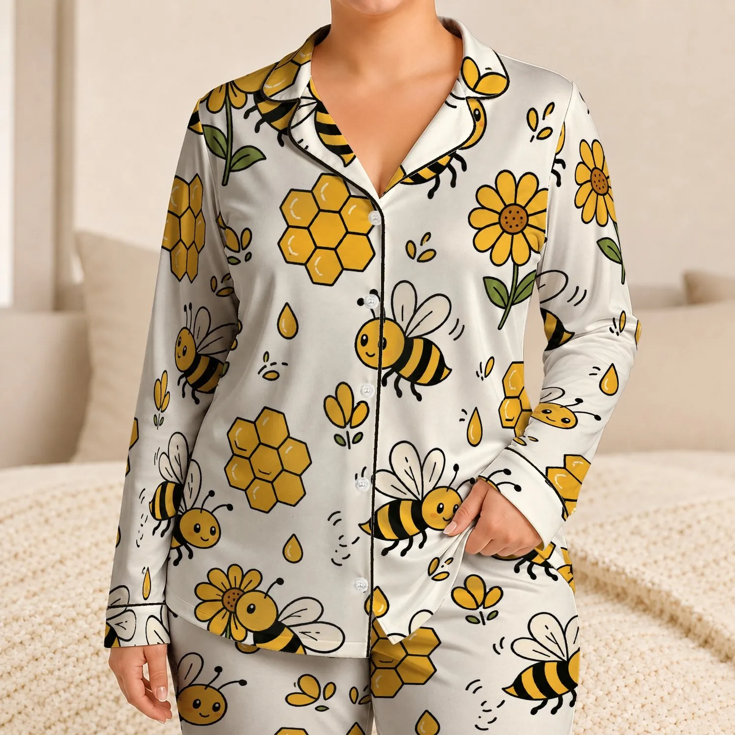 Cheerful Honey Bee Blossoms for Cozy Summer Lounging, Women’s Birthday Gift Idea Satin Pajamas Set - 1