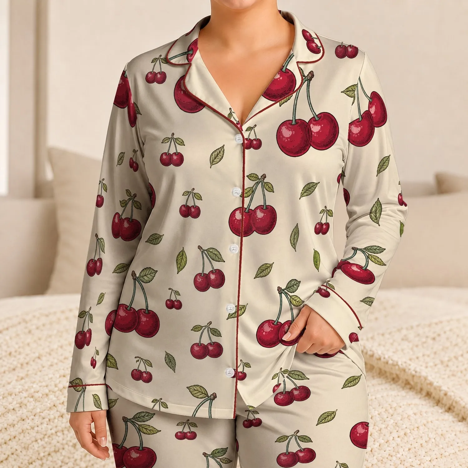Crimson Cherry Motif Set for Spring Summer Lounging, Relaxed Weekend Gift for Women Satin Pajamas Set - 1