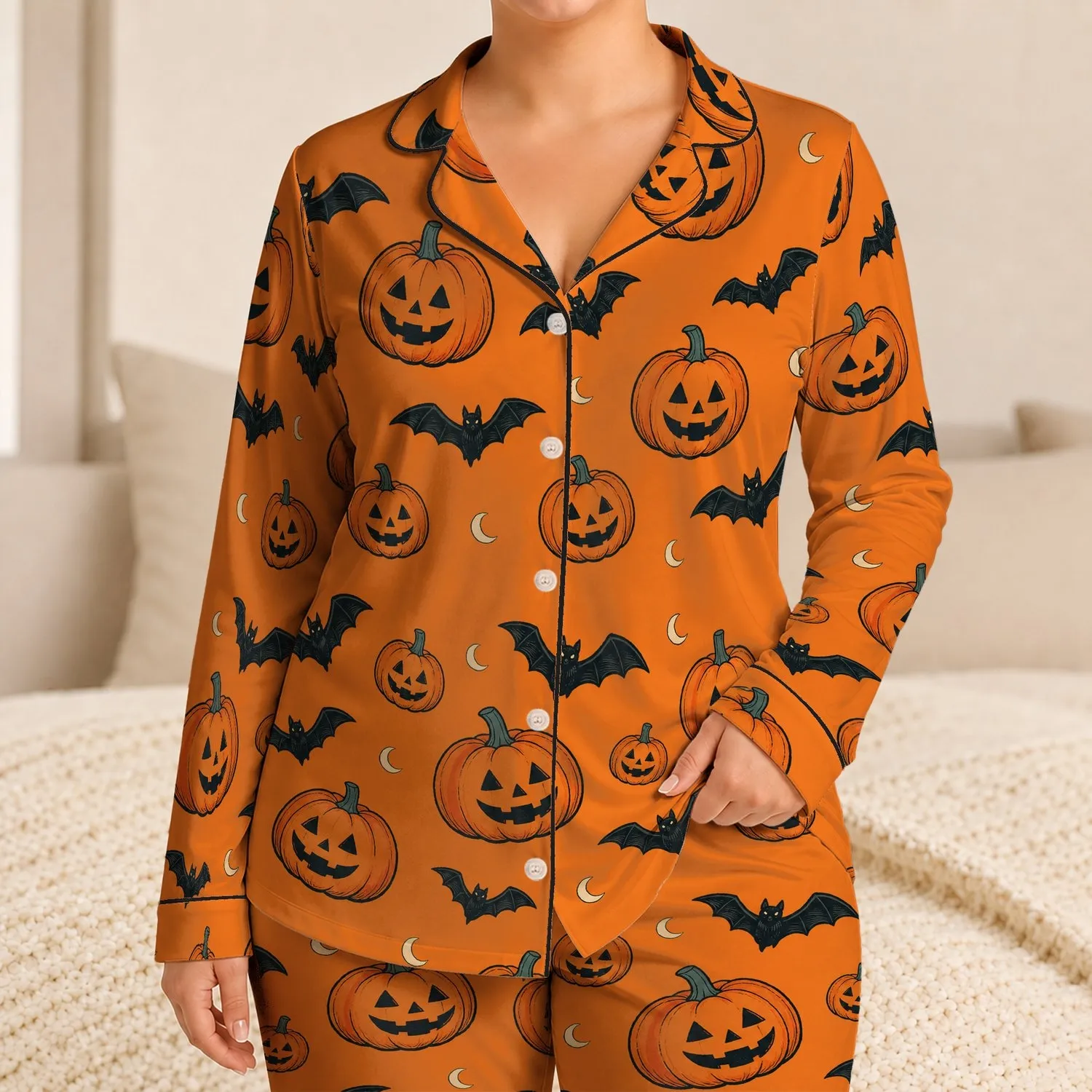 Orange Jack O Lantern Bat Halloween Lounge Set Gift For Women Cozy Autumn Evenings Satin Pajamas Set - 1