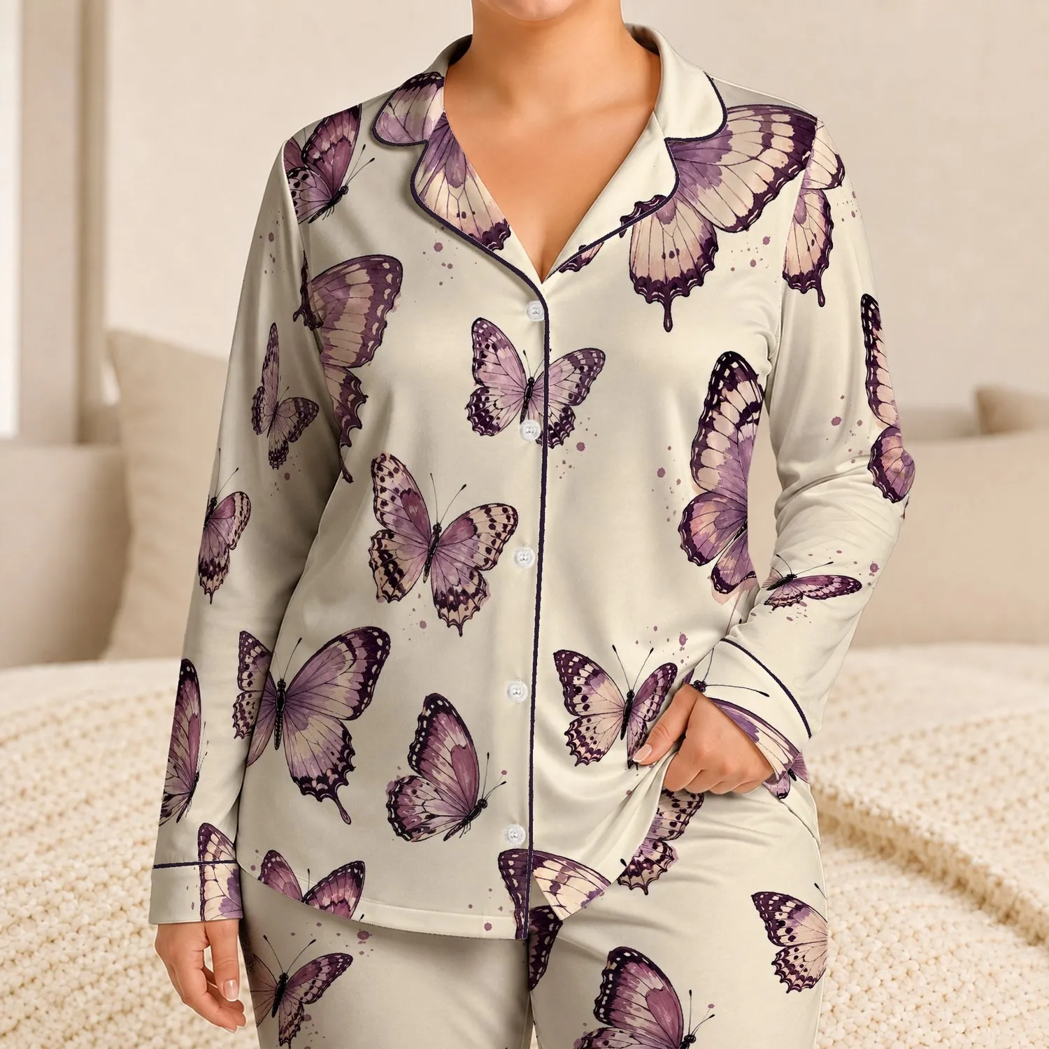 Ivory Lavender Butterfly Motifs for Cozy Evenings and Slow Weekend Lounging Rituals Satin Pajamas Set - 1