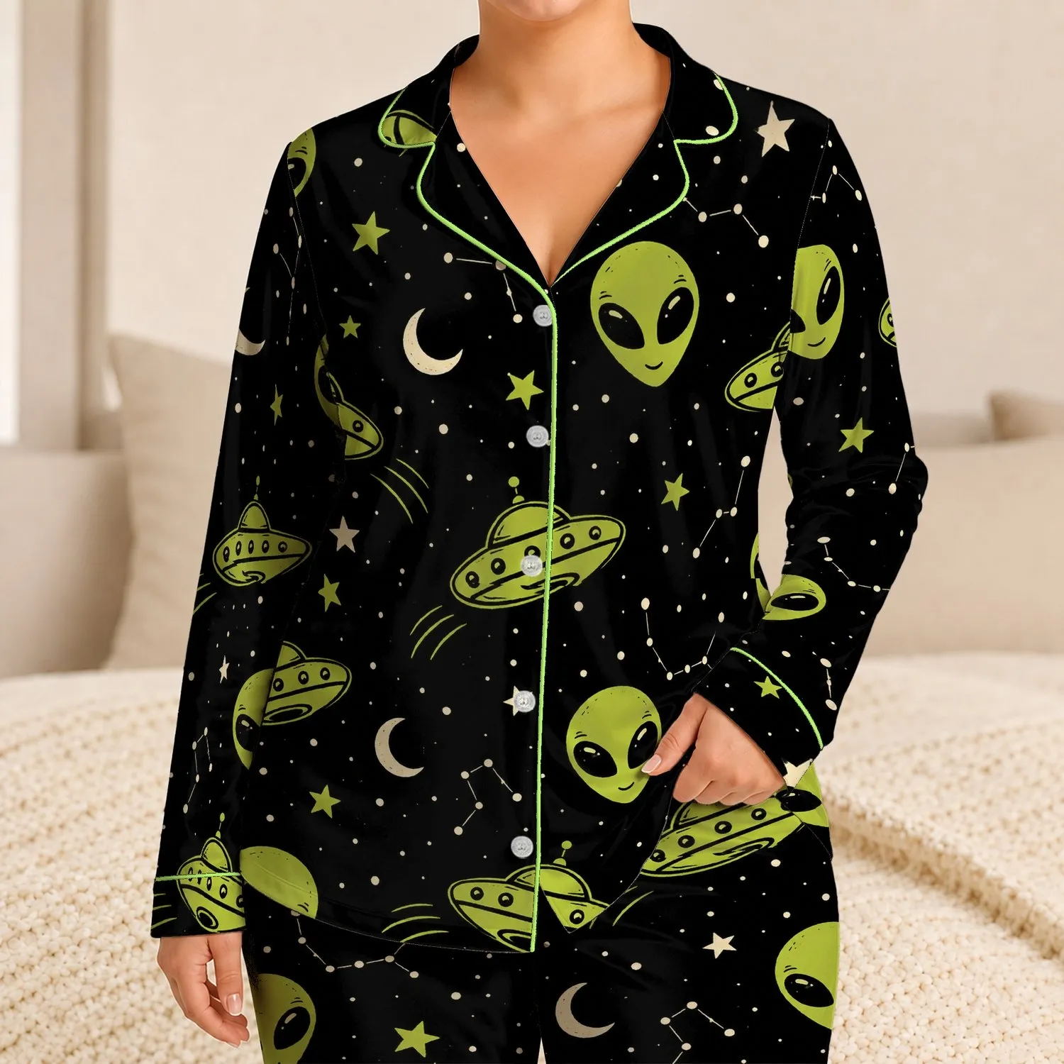 Alien UFO Space Loungewear Set for Women, Relaxing Nights, Casual Weekends and Gift Giving Satin Pajamas Set - 1