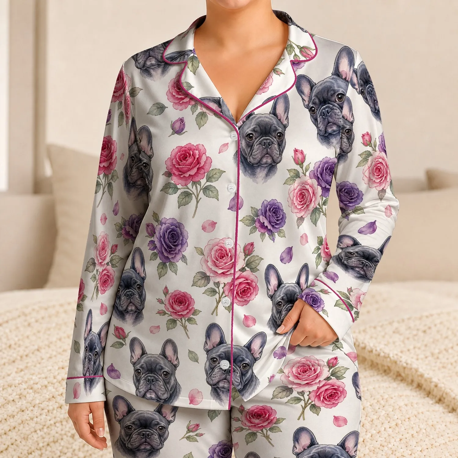 French Bulldog Rose Floral Faces, Cozy Boutique Home Lounge Gift for Women Dog Lovers Satin Pajamas Set - 1