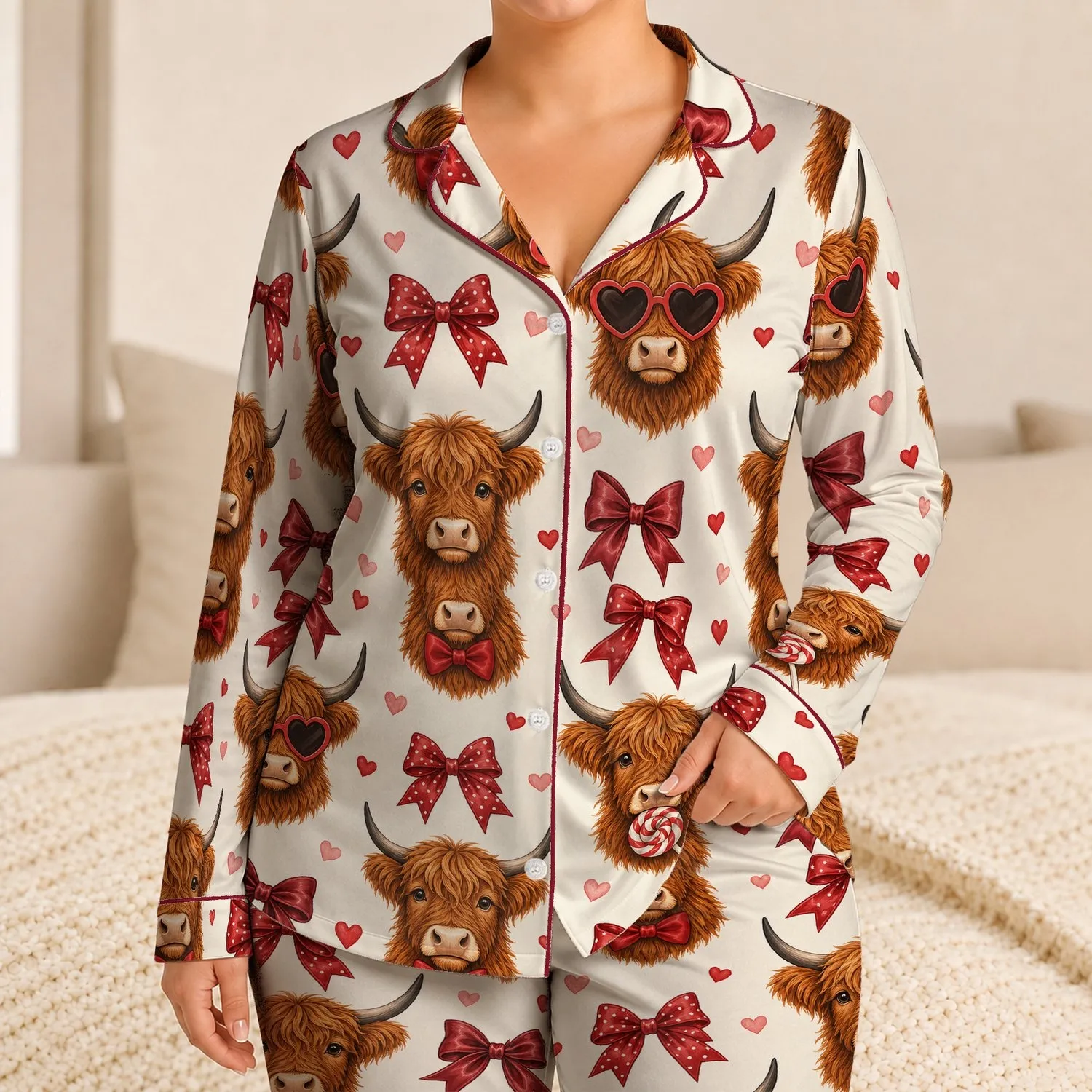 Scottish Highland Cow Burgundy Bow Hearts for Cozy Holiday Lounging, Women's Gift Satin Pajamas Set - 1
