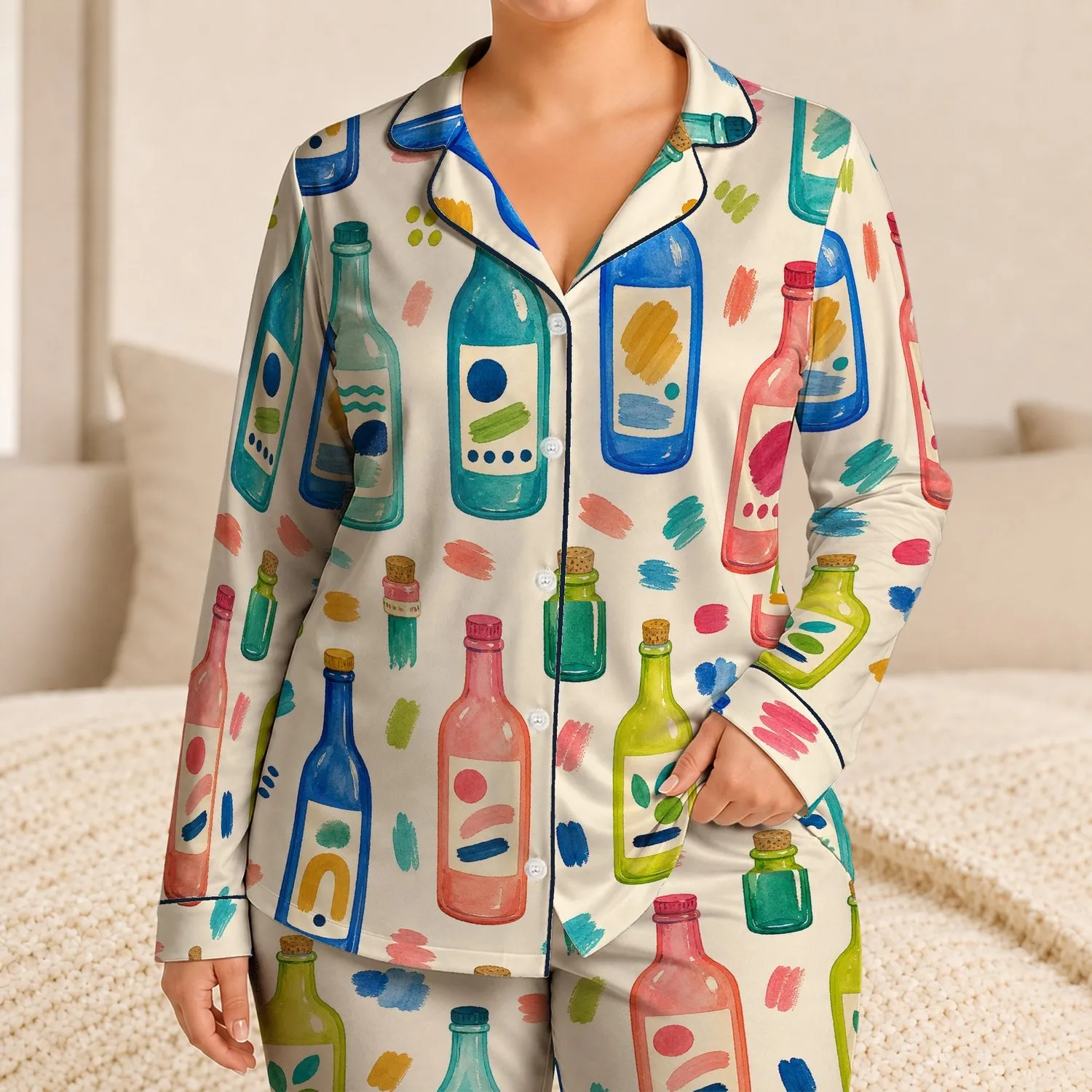 Colorful Beverage Bottles for Bright Lounge Days and Relaxed Home Evenings for Women Satin Pajamas Set - 1