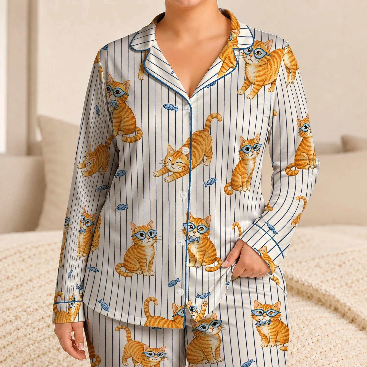 Orange Tabby Cats With Blue Spectacles For Cozy Holiday Lounging And Weekend Relaxation Satin Pajamas Set - 1