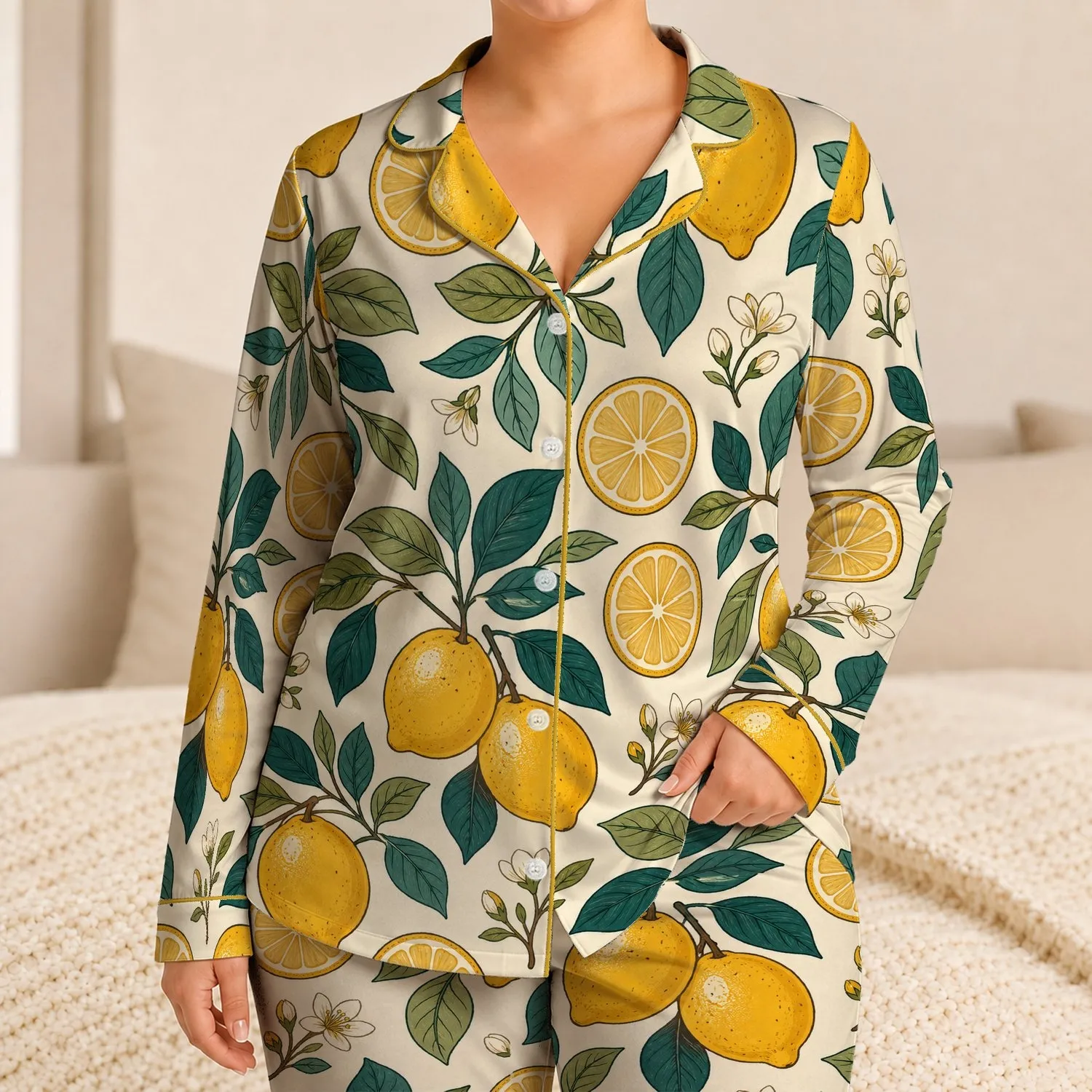Fresh Lemon Citrus Botanical Loungewear For Summer Relaxation And Weekend Lounging Women Satin Pajamas Set - 1