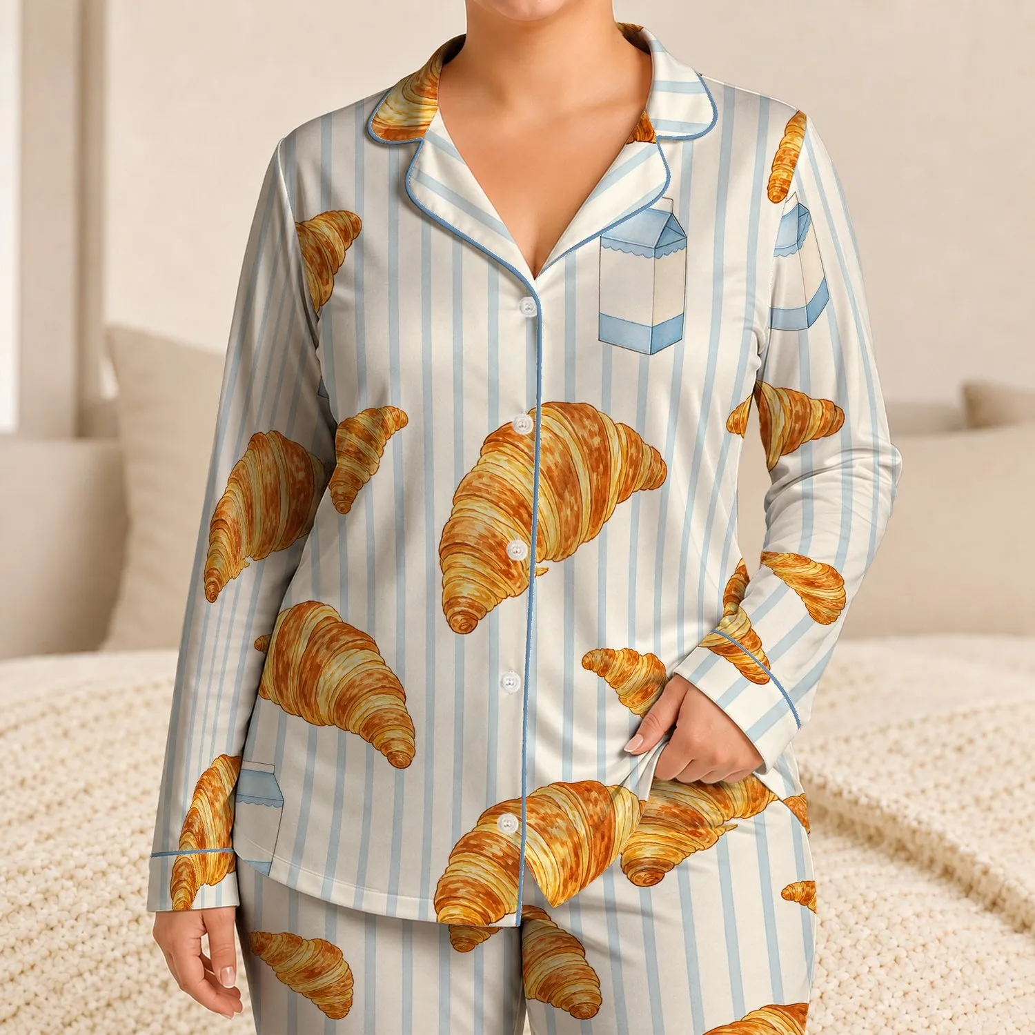 Croissant Blue White Stripe Cozy Morning Gift For Breakfast Lovers And Home Relaxation Satin Pajamas Set - 1