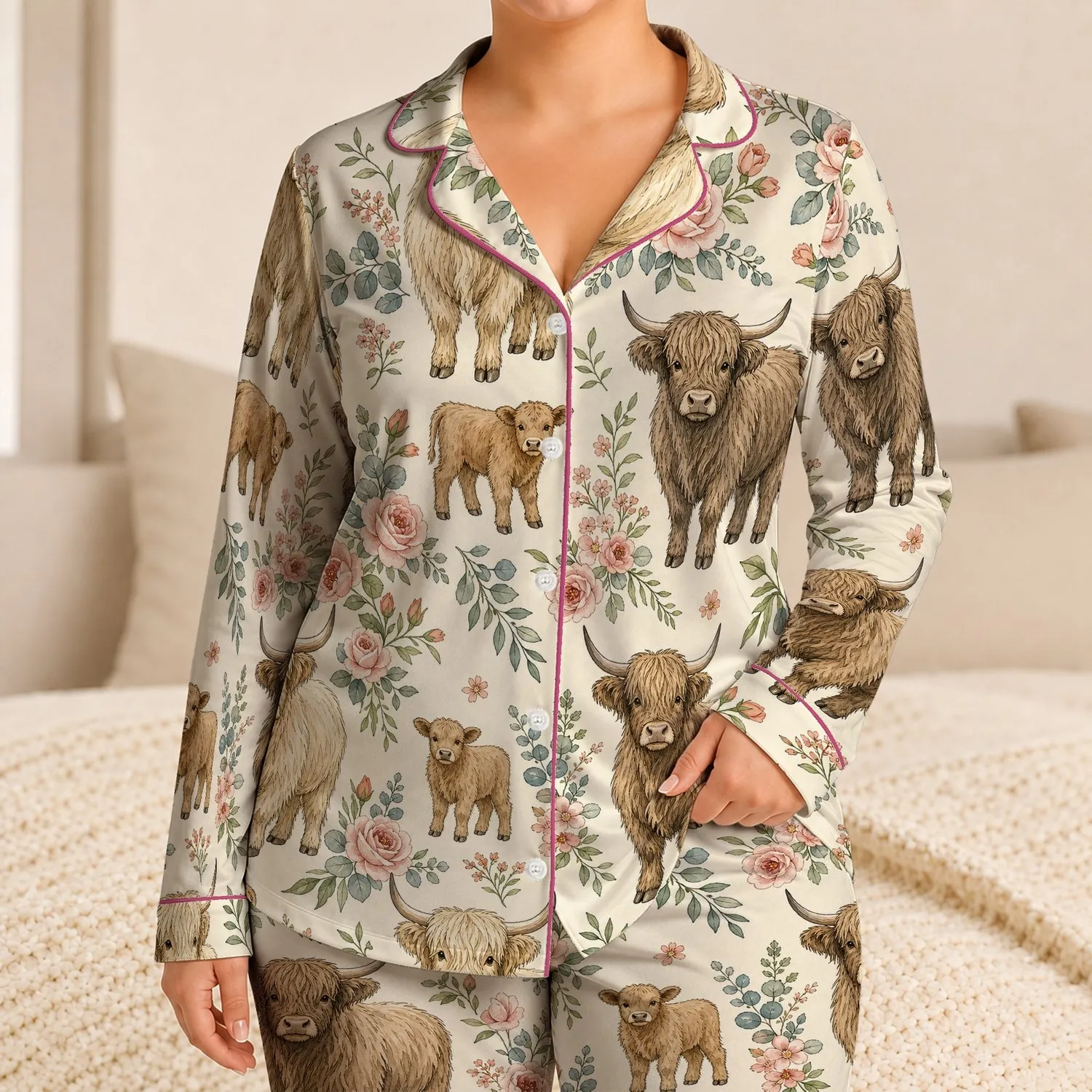 Highland Cow Floral Farmhouse Gift for Cozy Evenings and Country Lifestyle Lovers Satin Pajamas Set - 1
