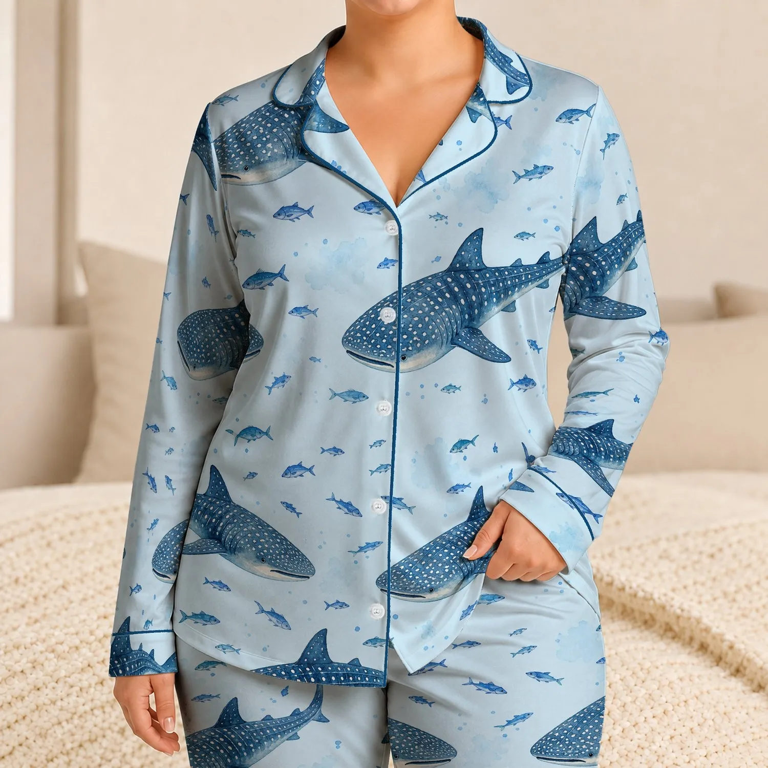 Watercolor Whale Shark Ocean Scene for Relaxing Coastal Lounging and Beach Getaways Satin Pajamas Set - 1