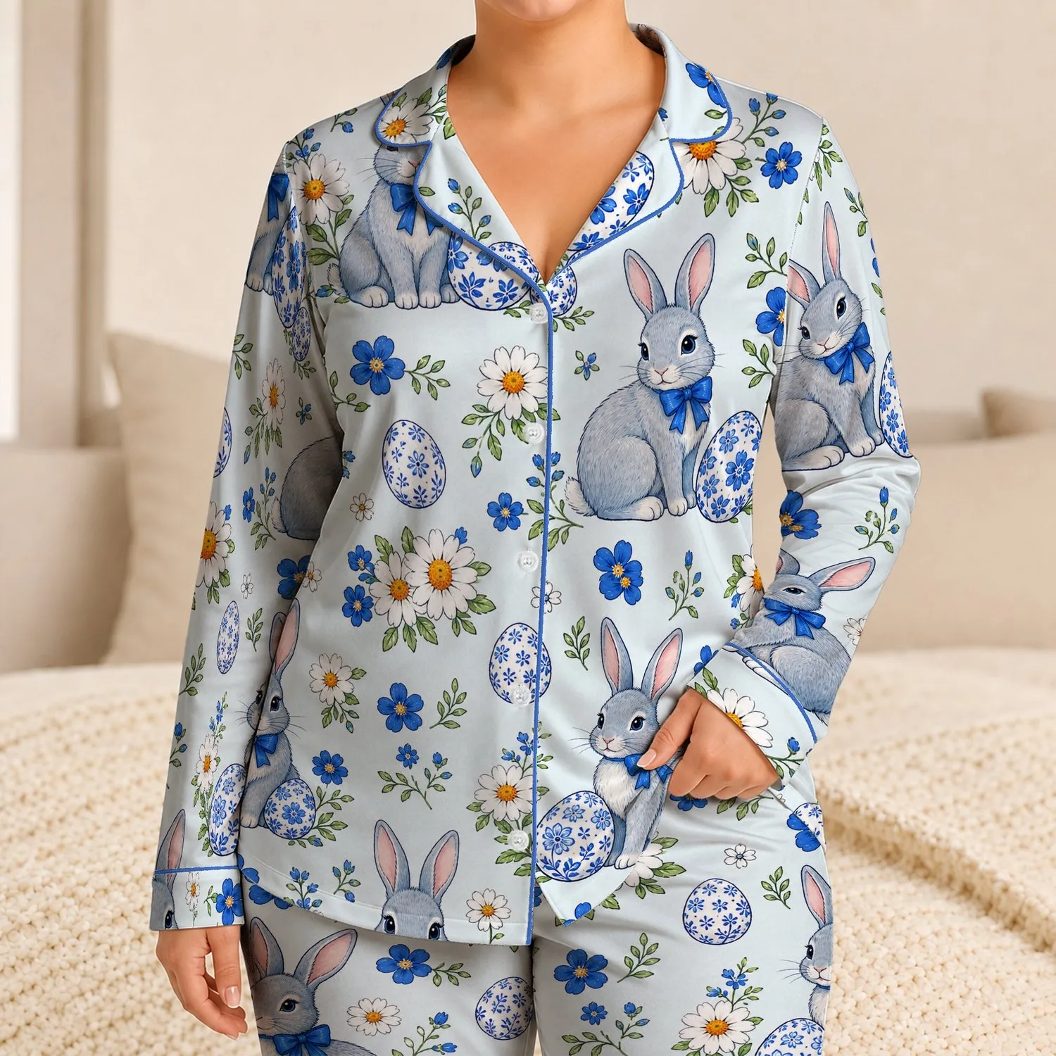 Gray Blue Bunnies And Blue Floral Eggs For Easter Family Gatherings And Lounging Satin Pajamas Set - 1