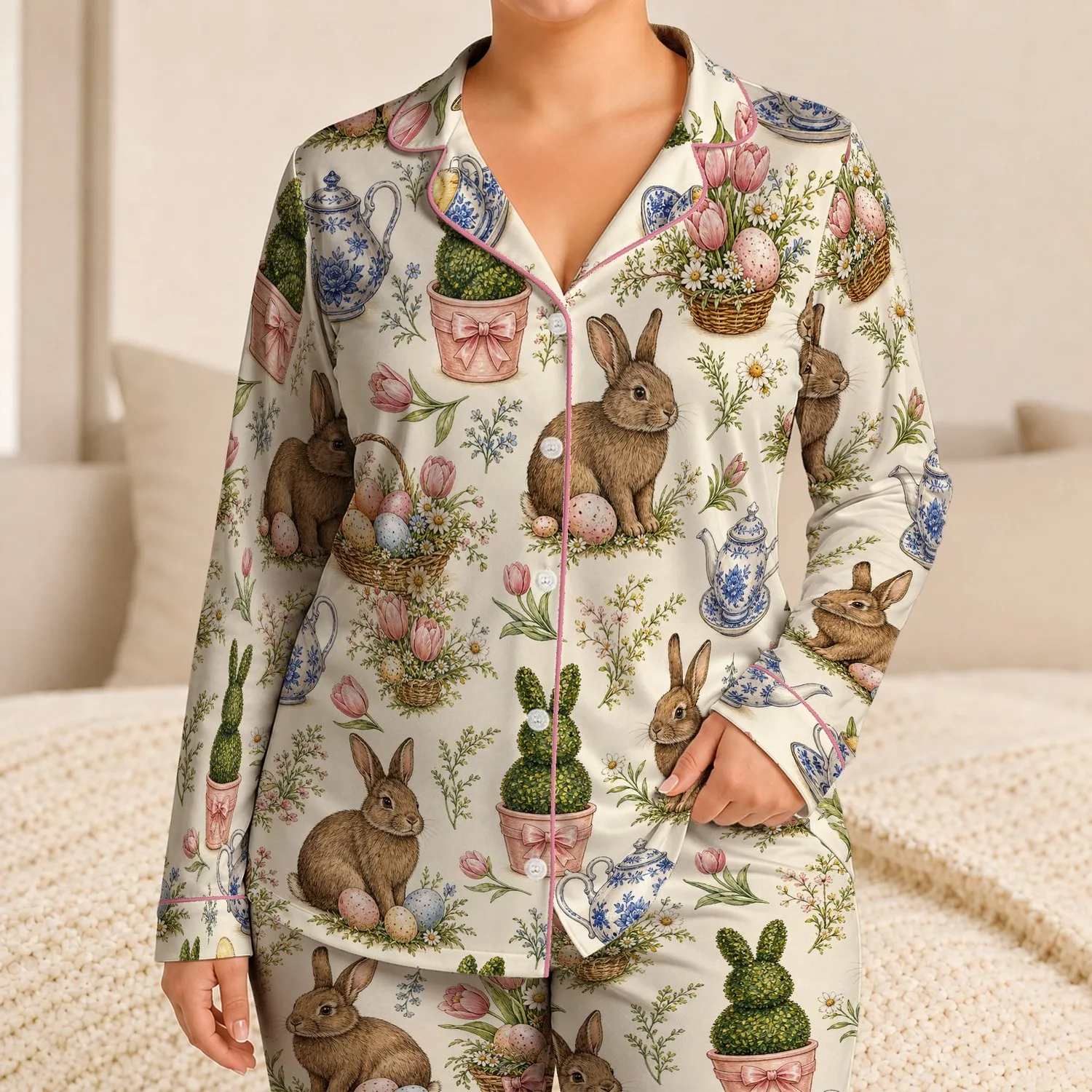 Bunny Egg Easter Garden Lounge Set for Cozy Home Mornings and Family Celebrations Satin Pajamas Set - 1