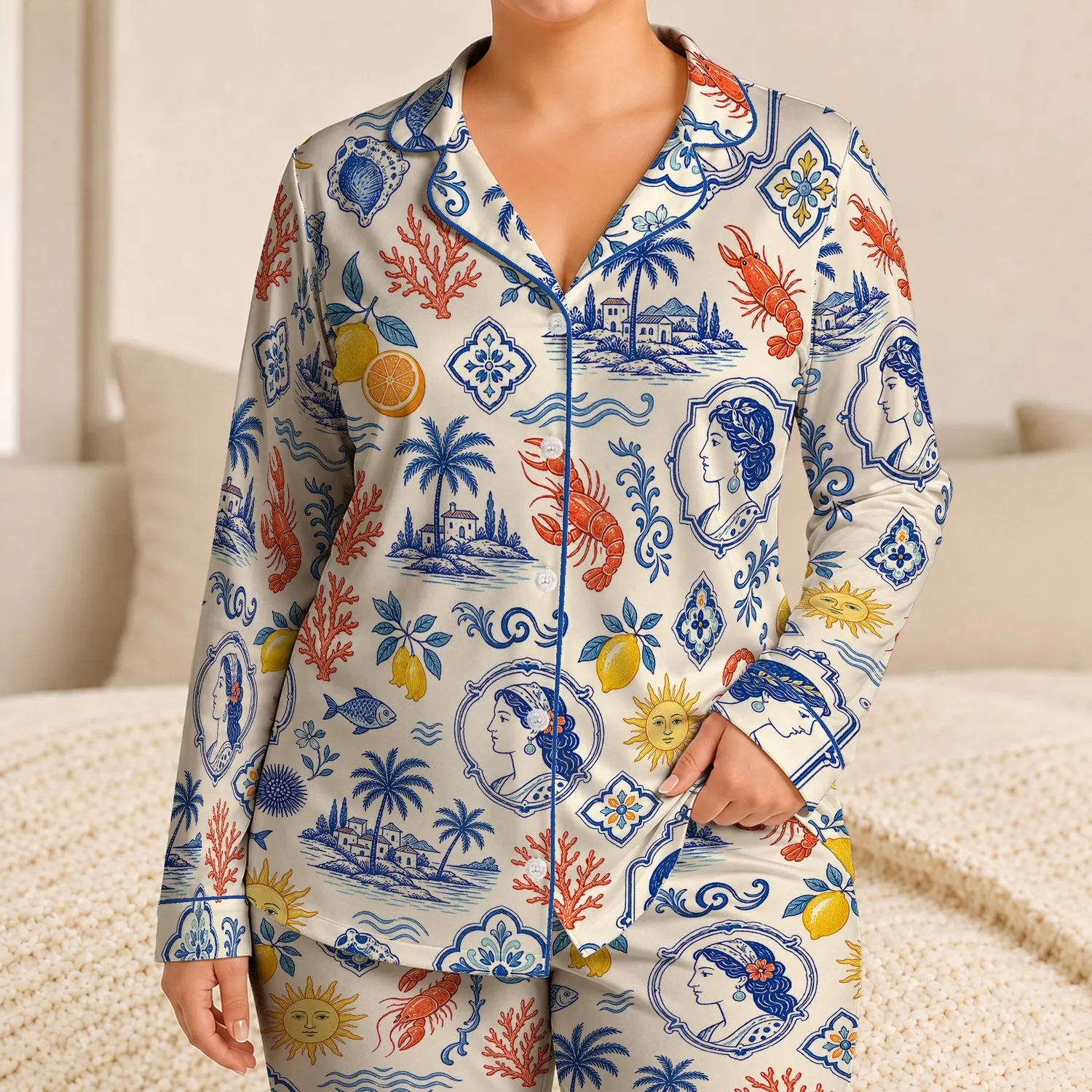 Mediterranean Seafood Citrus Portraits for Coastal Vacation Lounging and Resort Days Satin Pajamas Set - 1