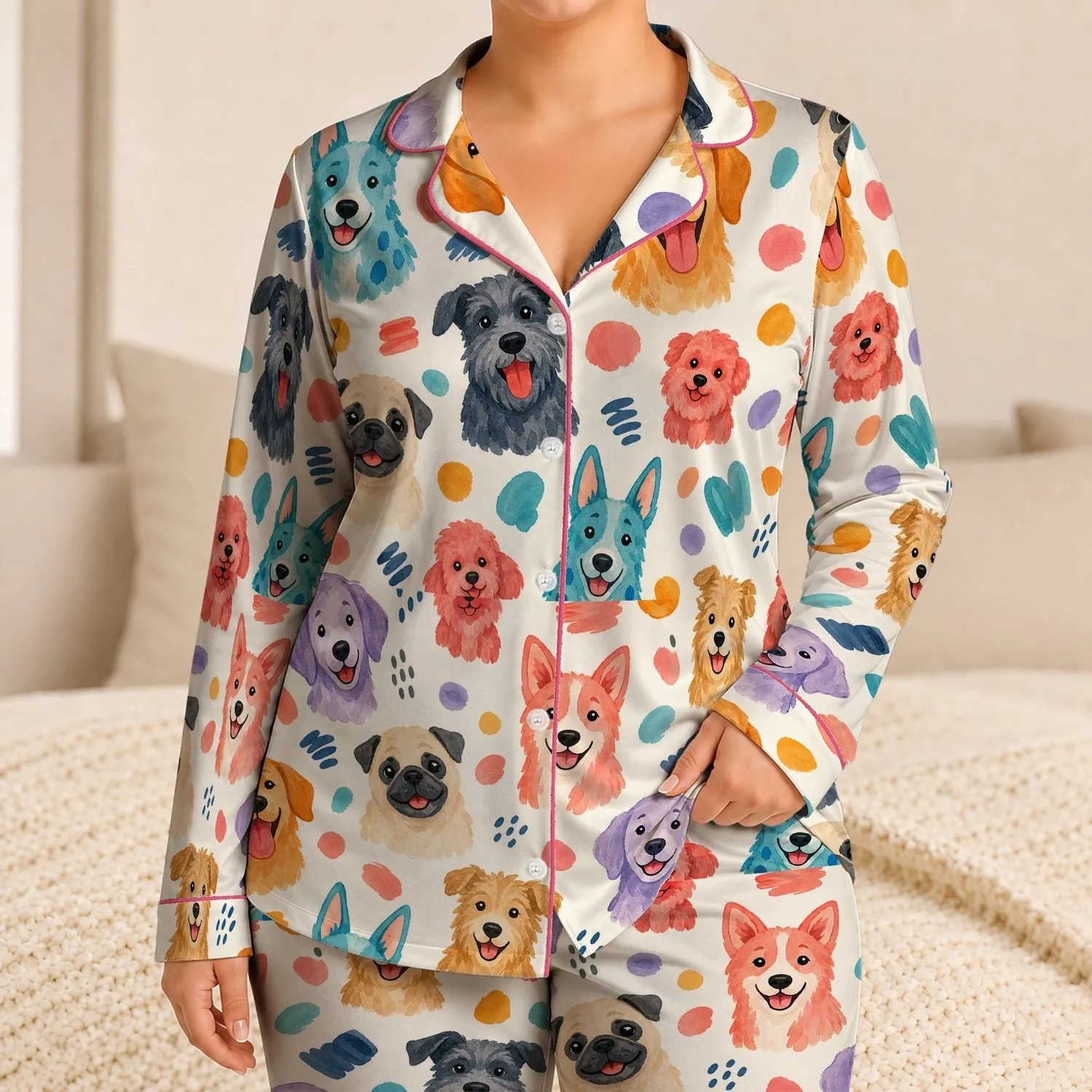 Colorful Cute Dog Faces for Spring Summer Lounging, Gifts for Women and Dog Lovers Satin Pajamas Set - 1
