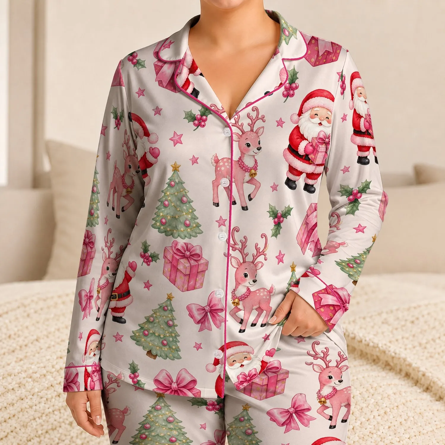 Pink Santa Reindeer Bows And Mint Christmas Trees For Festive Holiday Lounging Women Satin Pajamas Set - 1
