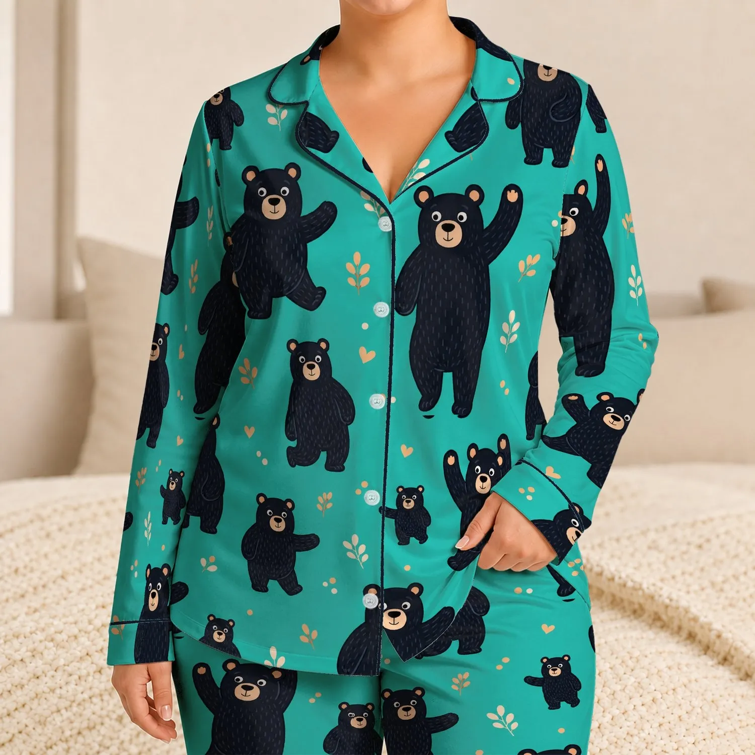 Cute Black Bear Ape Characters For Cozy Weekend Relaxation At Home And Gift Giving Satin Pajamas Set - 1