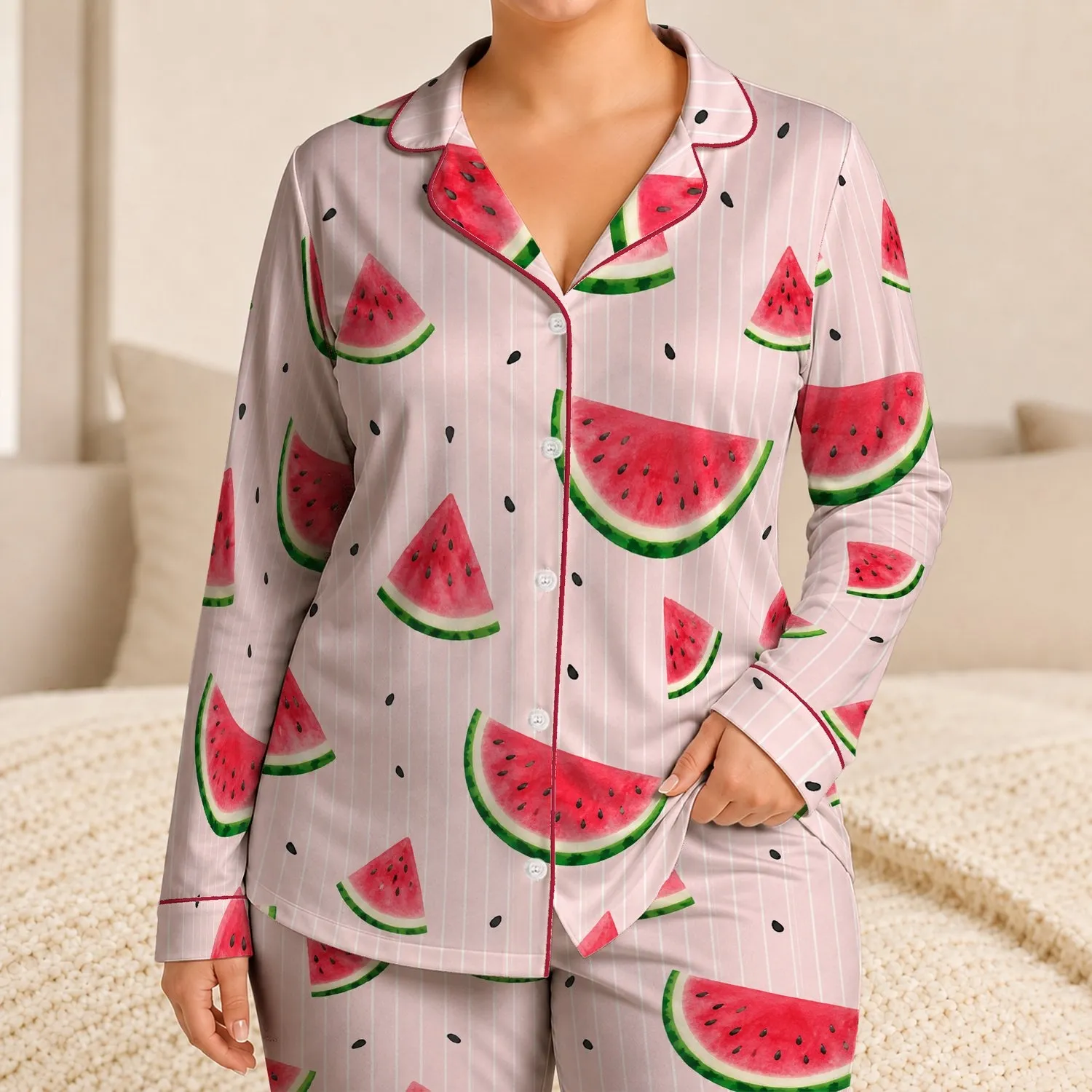 Watermelon Pink Pinstripe Lounge Set For Summer Lounging, Travel And Fruit Lovers Satin Pajamas Set - 1