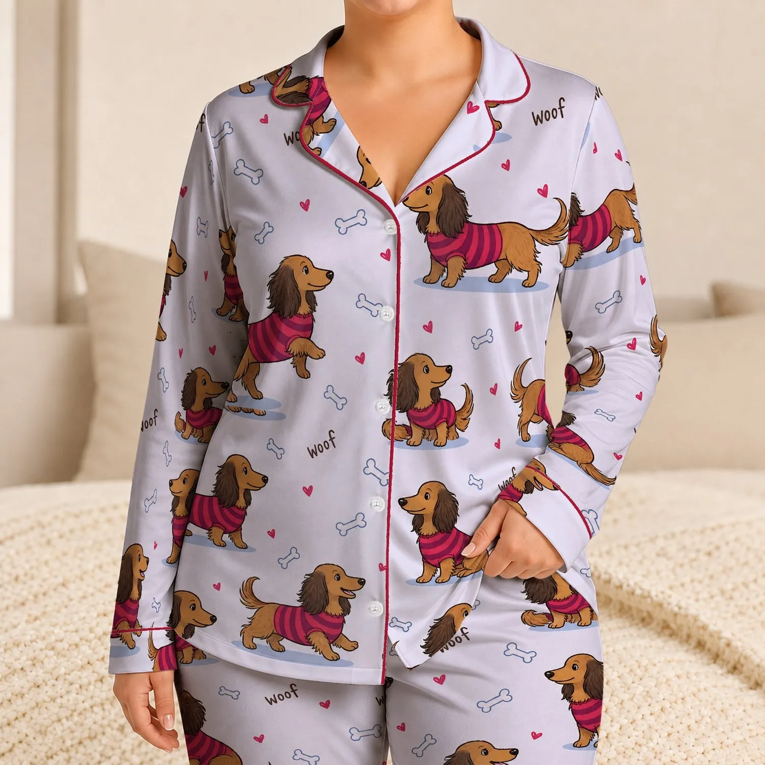 Long Haired Dachshund Woof Dogs Raspberry Sweater Loungewear Gift For Dog Lovers Satin Pajamas Set - 1