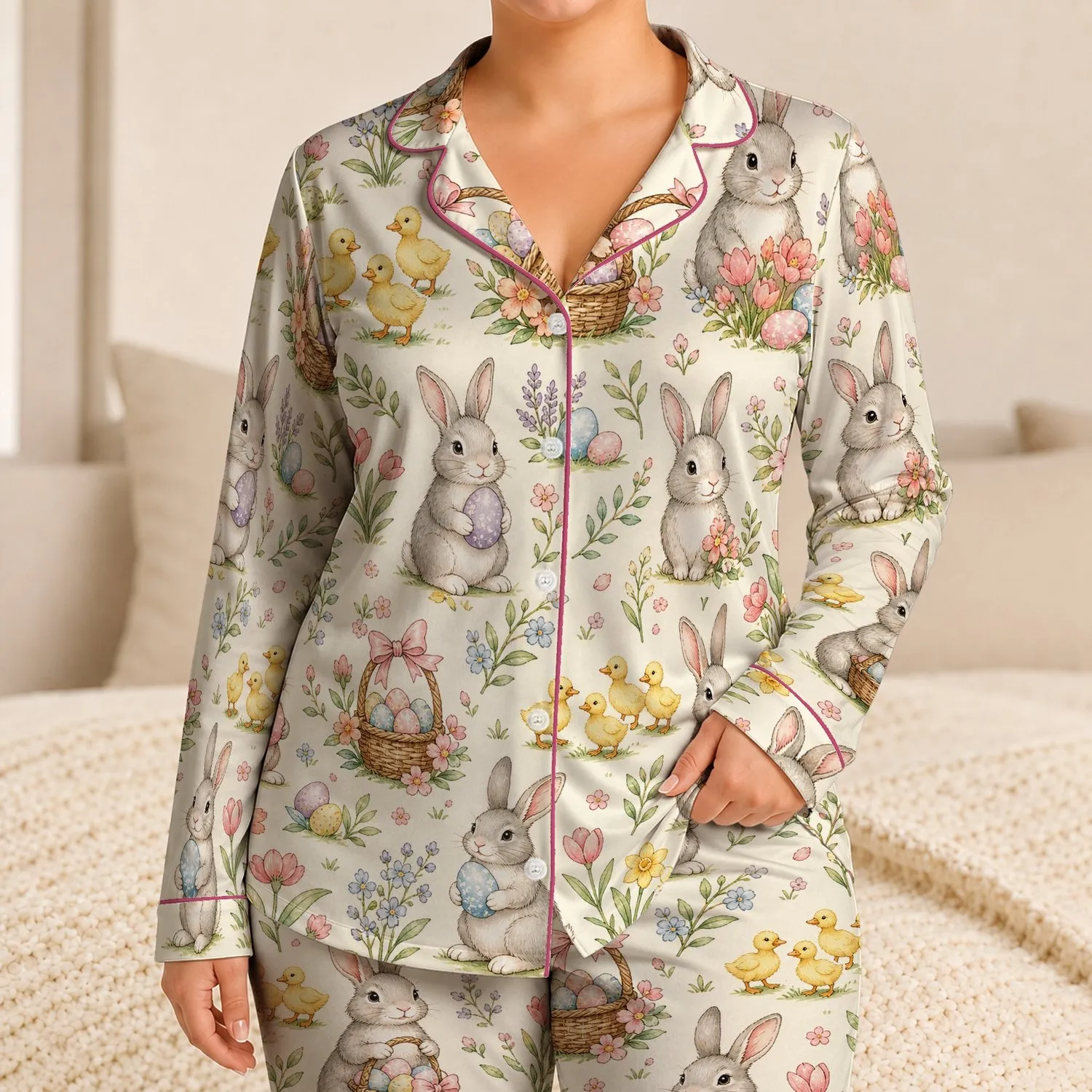 Easter Rabbits, Pastel Eggs and Ducklings for Adult Holiday Lounging and Spring Gifting Satin Pajamas Set - 1