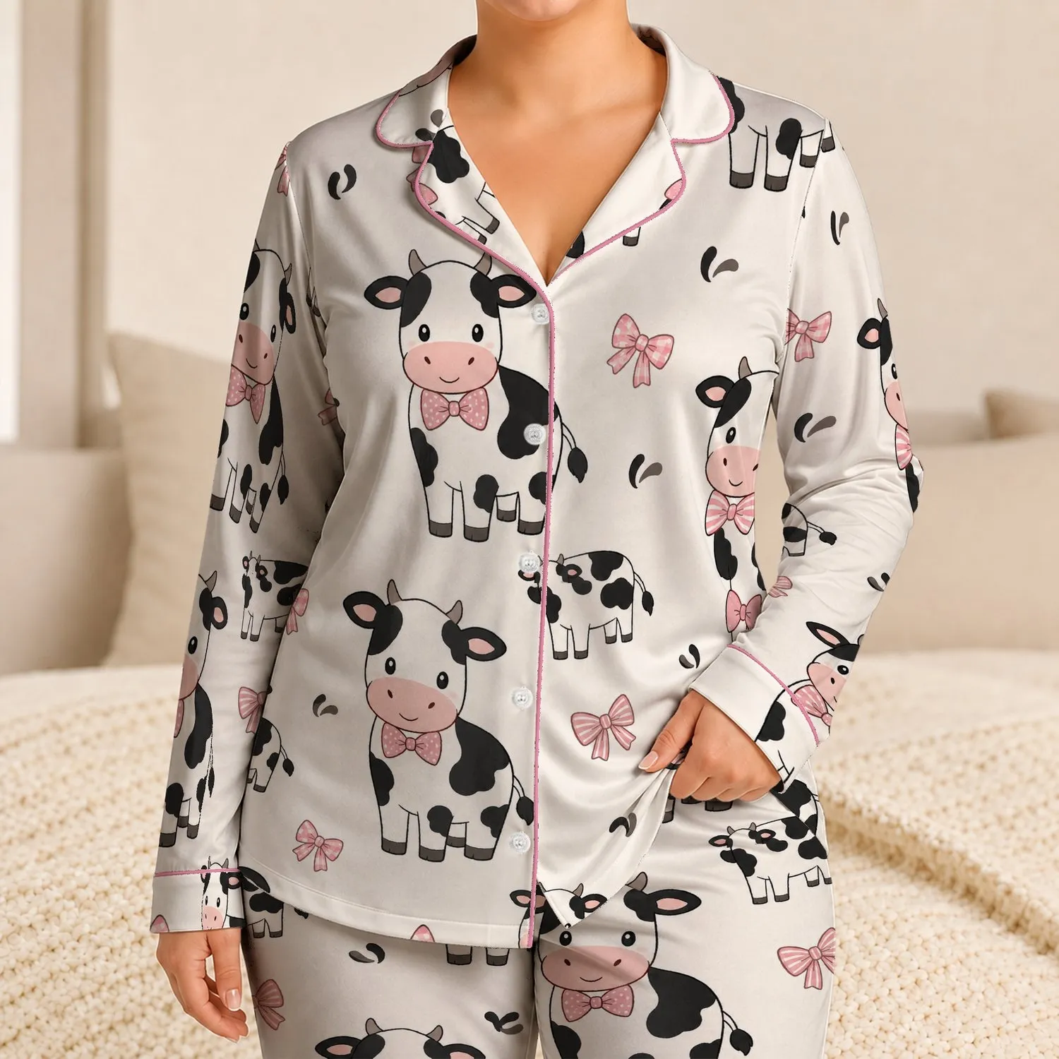 Cute Black and White Cow Bow Tie Loungewear for Cozy Spring Summer Mornings, Women Satin Pajamas Set - 1