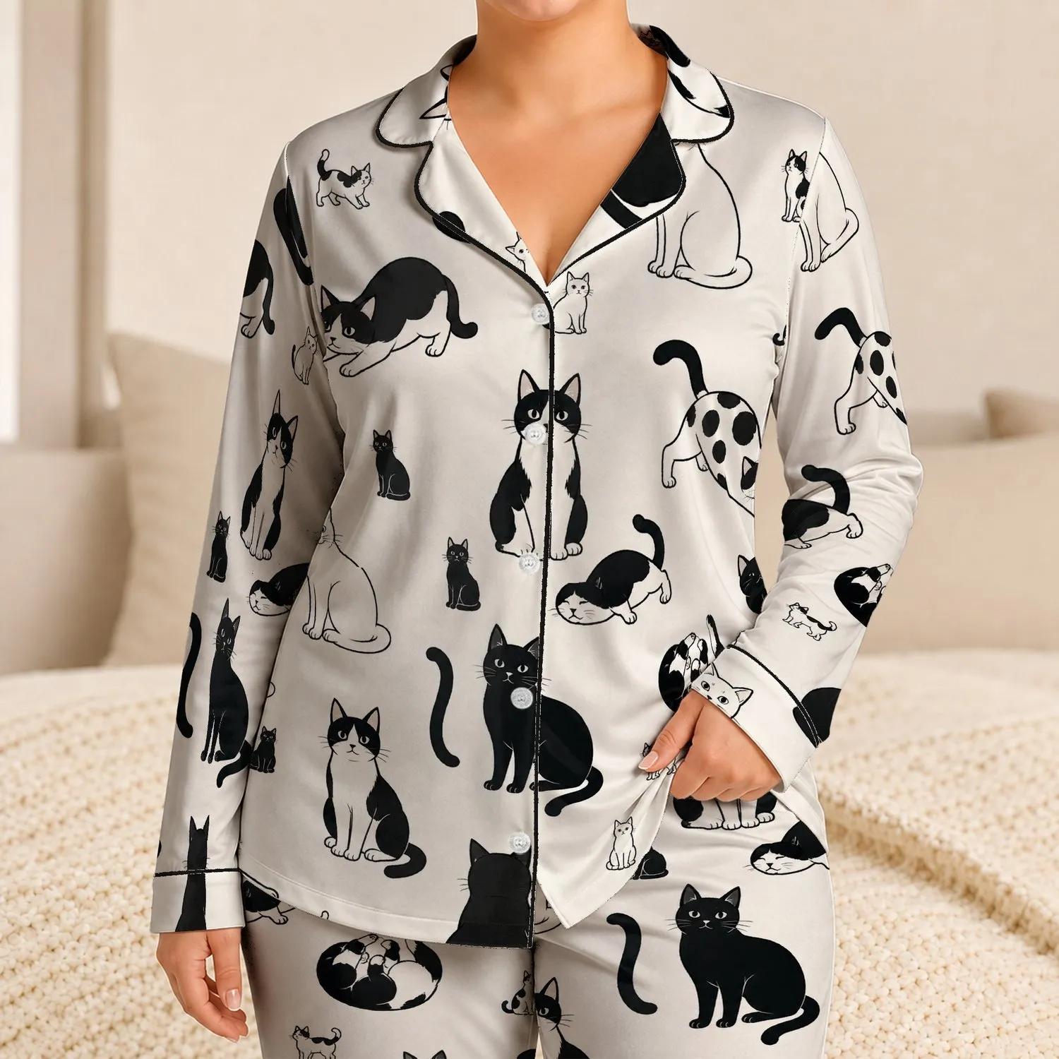 Black And White Cat Family Home Lounge Set For Spring Summer Gifts For Cat Lovers Satin Pajamas Set - 1