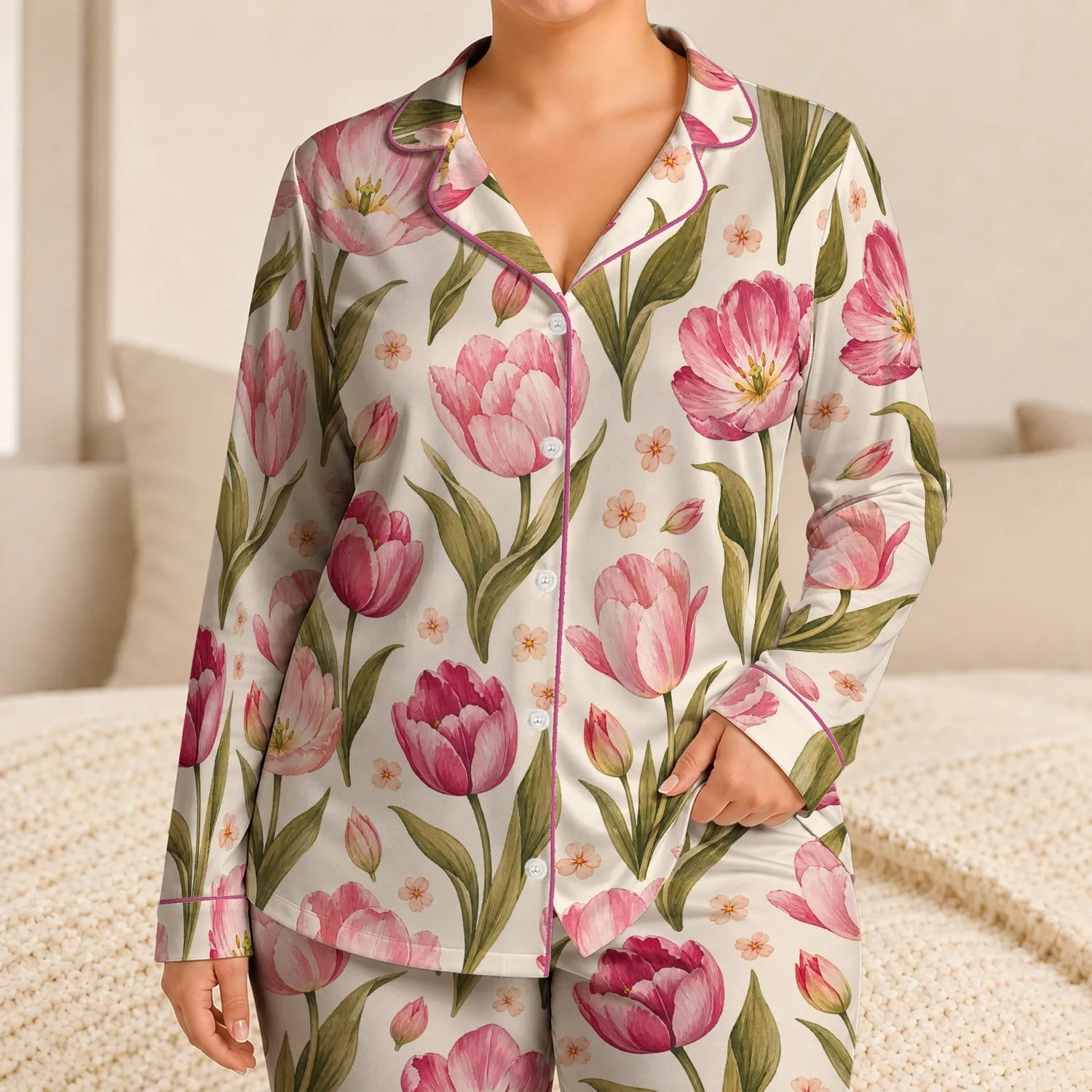 Watercolor Tulip Floral Garden Blooms For Relaxed Spring Summer Lounging Women Daily Satin Pajamas Set - 1