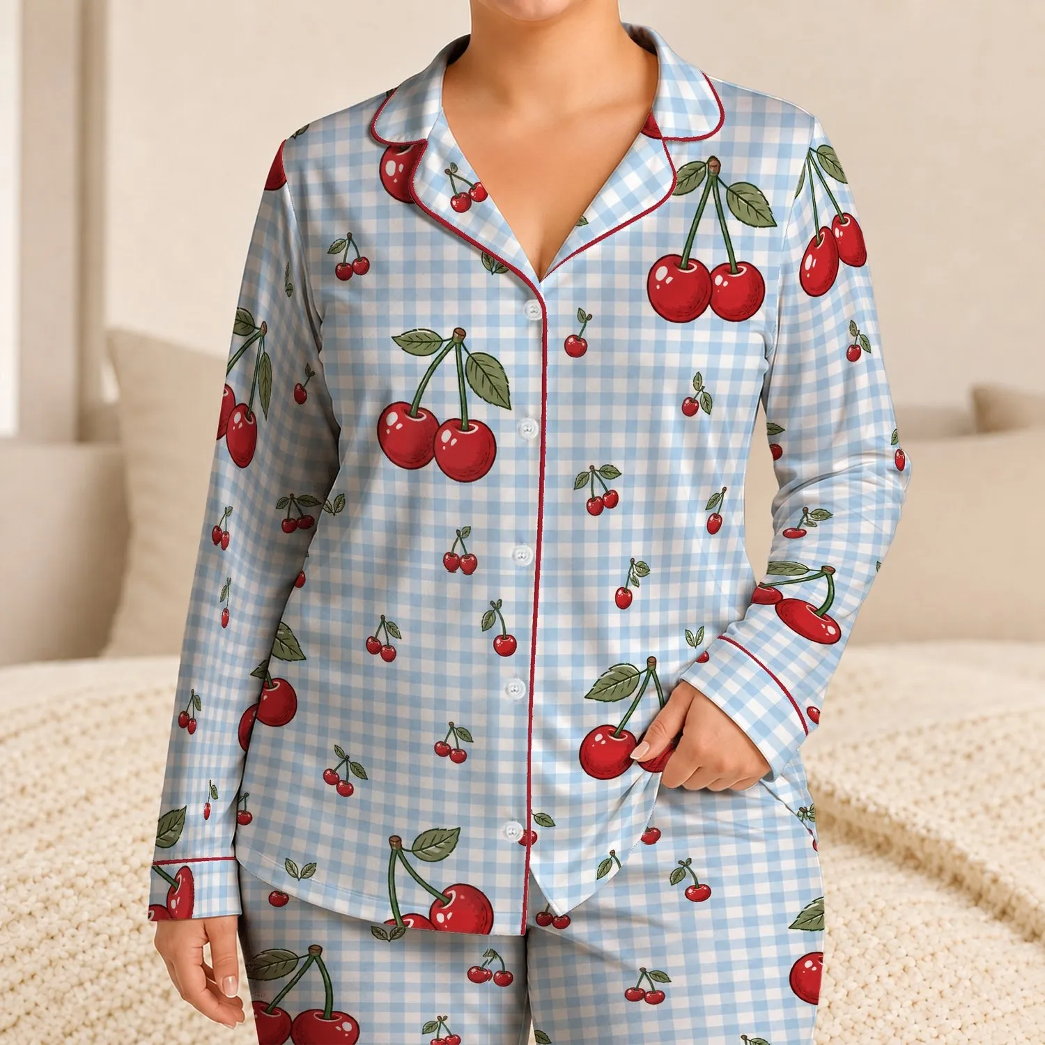 Cherry Gingham Lounge Set for Cozy Summer Evenings, Weekend Relaxation, Gift for Women Satin Pajamas Set - 1