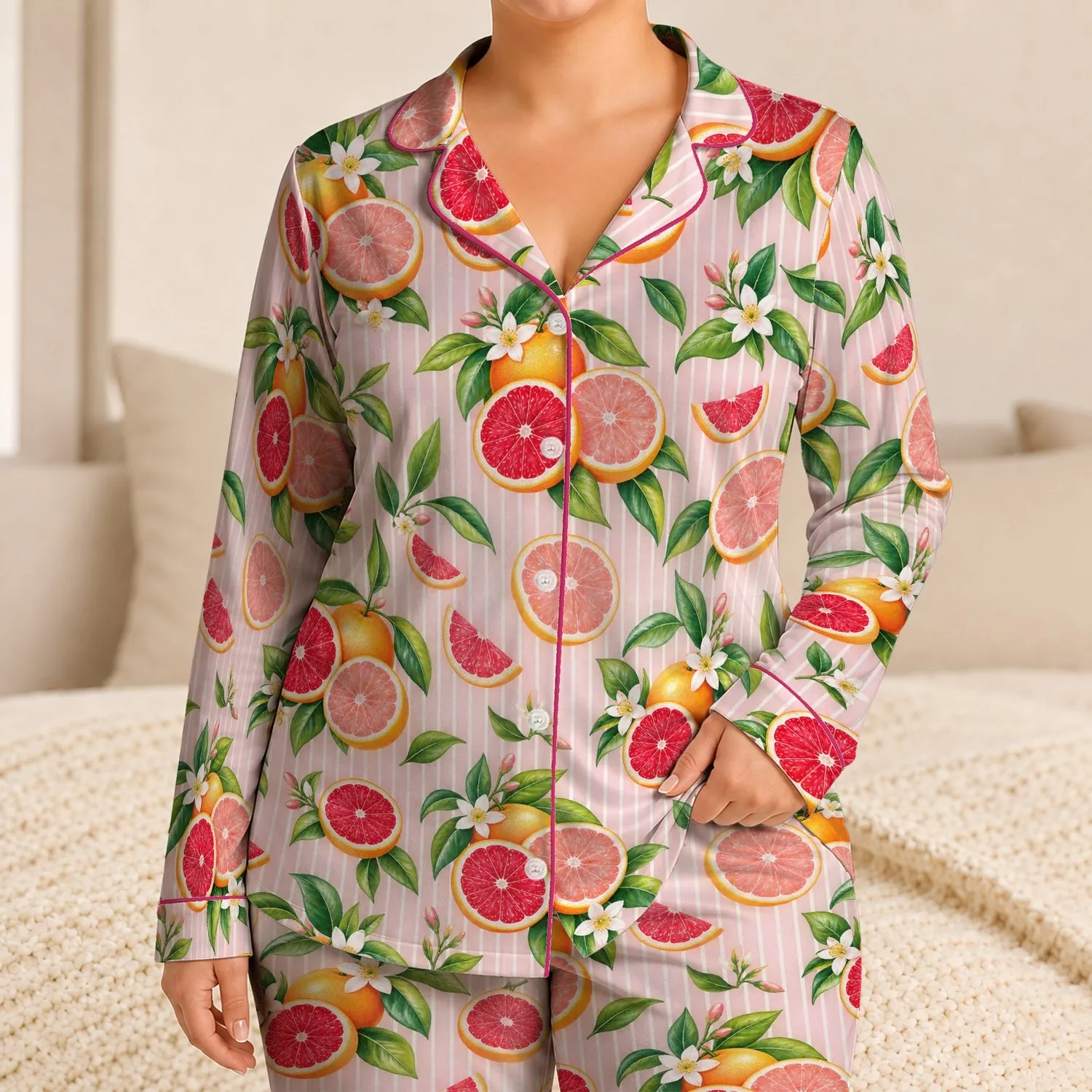 Pink Grapefruit Citrus Stripes for Relaxing Bedtime Lounging, Women's Cozy Home Style Satin Pajamas Set - 1