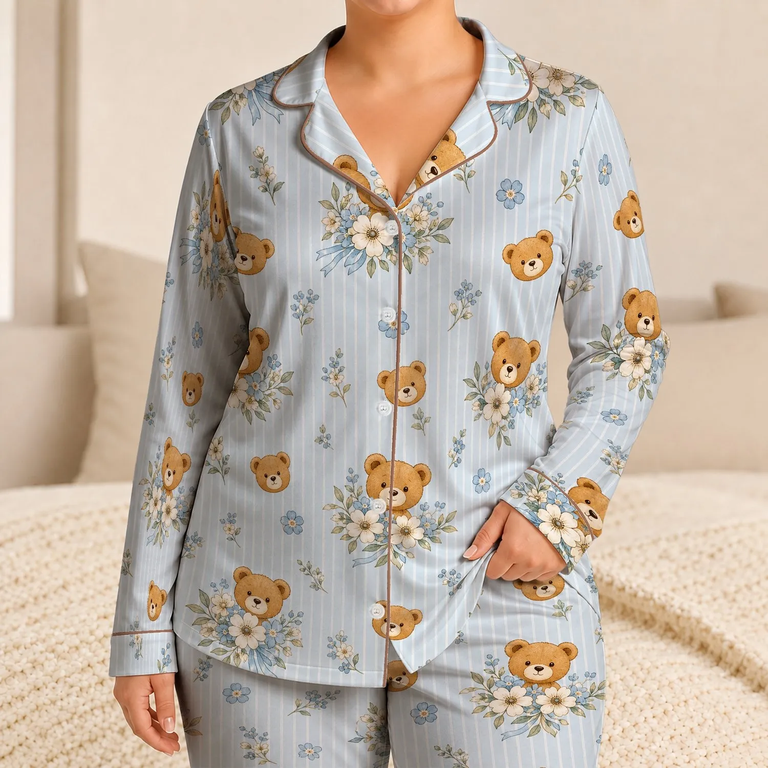 Teddy Bear Floral Pinstripes for Cozy Bedtime, Nursery Lounging and Family Gift Giving Satin Pajamas Set - 1