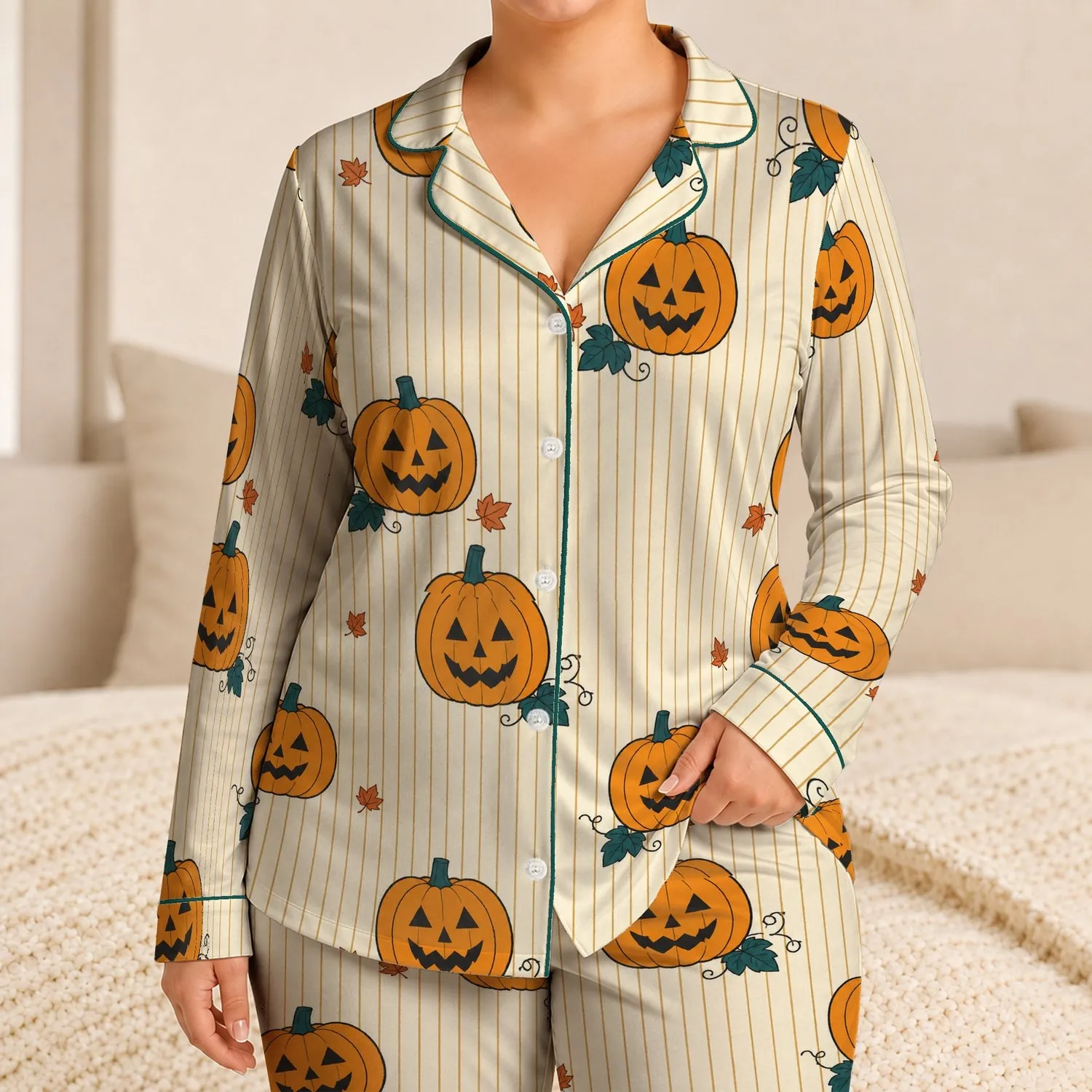 Jack O Lantern Pumpkin Stripes for Halloween Lounging Cozy Autumn Gift for Women Satin Pajamas Set - 1