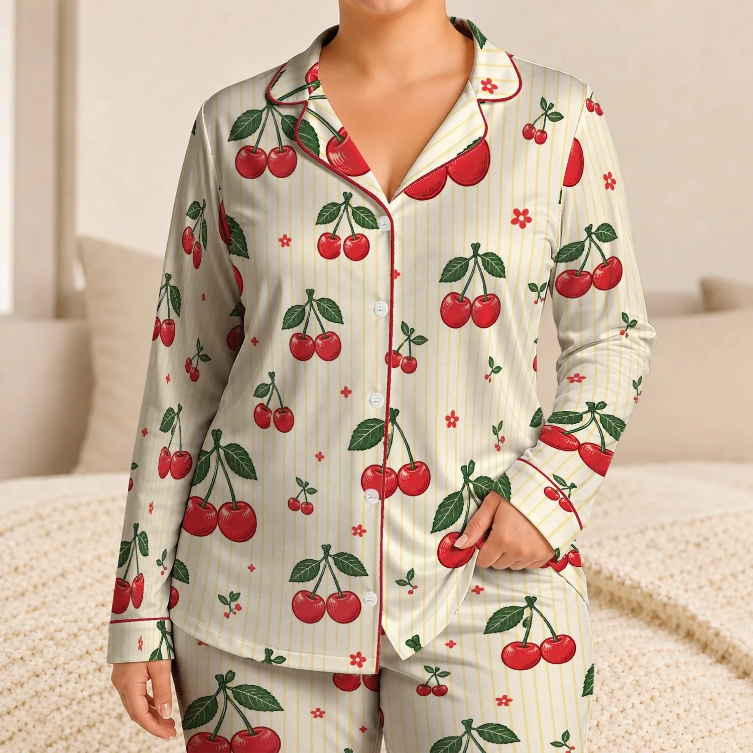 Women's Red Cherry Stripe Lounge Set For Summer Nights, Casual Homewear Gift Idea Satin Pajamas Set - 1