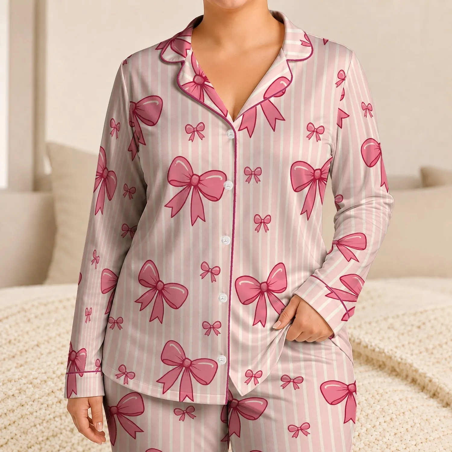 Pink Striped Ribbon Bows For Sweet Lounging, Cozy Bedtime Style, And Easy Gifting Satin Pajamas Set - 1ngoq_h0zd