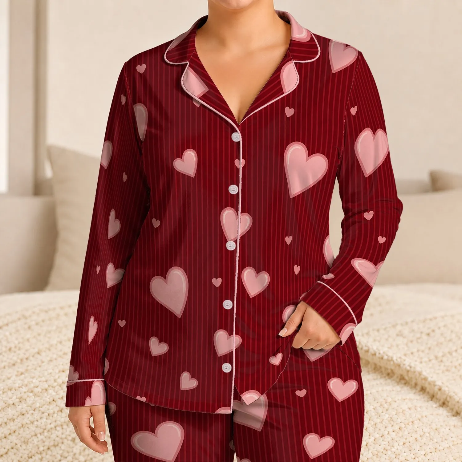 Burgundy Blush Heart Stripes For Cozy Valentine's Day Lounging At Home And Gift Giving Satin Pajamas Set - 1