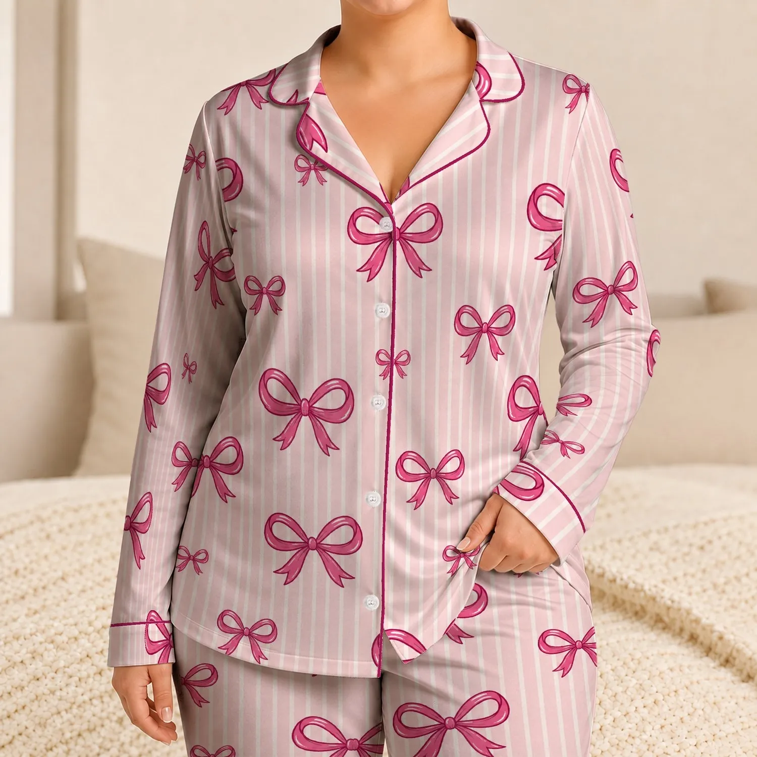 Pink Raspberry Ribbon Bows and Ivory Stripes for Cozy Summer Lounging, Women’s Gift Satin Pajamas Set - 1