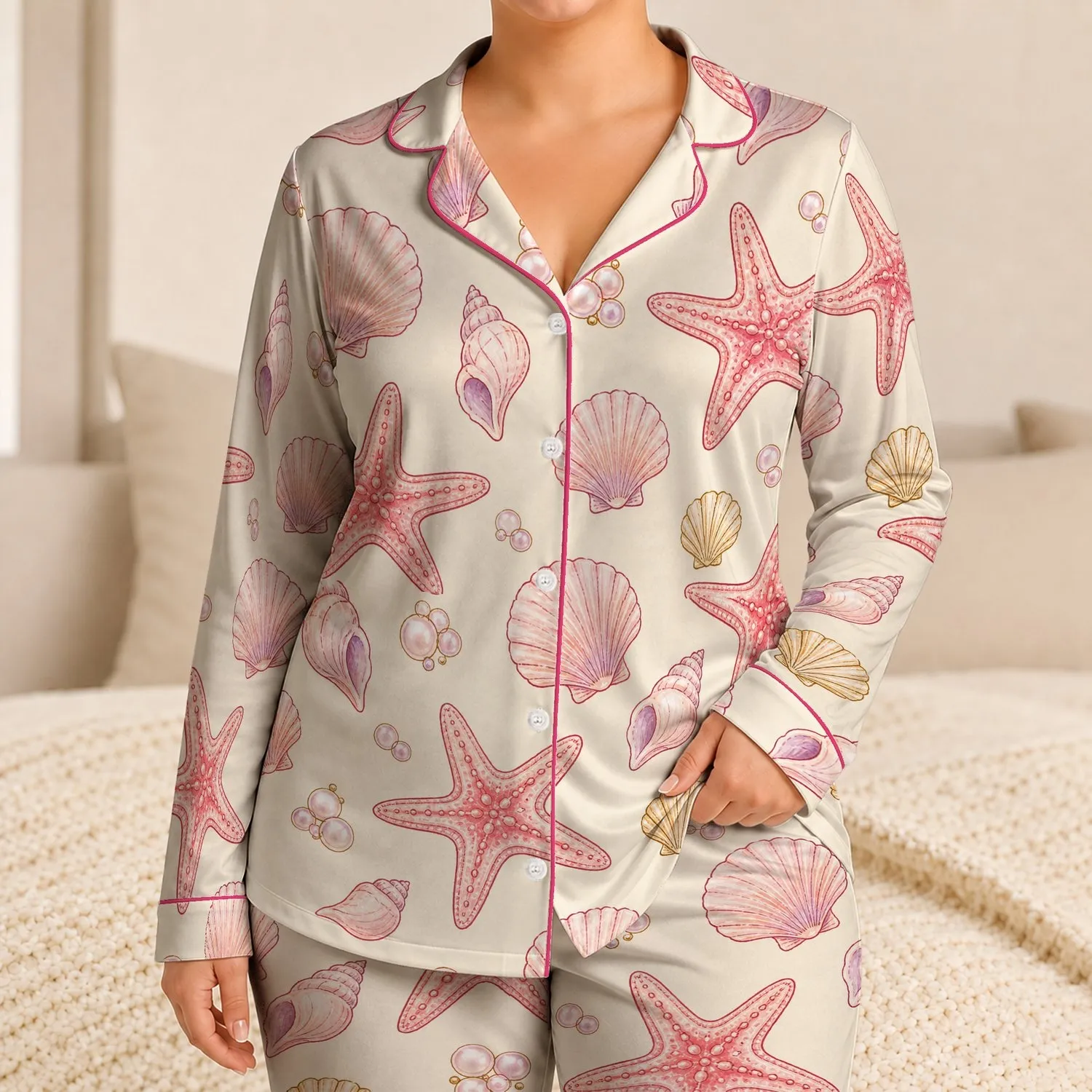Pink Starfish Seashell Pearl Coastal Beach Lounge Gift for Women and Ocean Lovers Satin Pajamas Set - 1